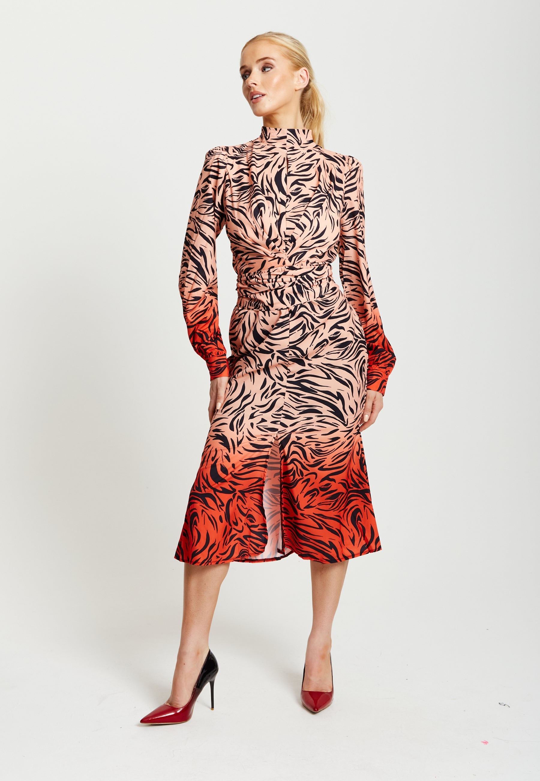 Women’s Midi Dress in Orange and Nude with Long Sleeves and Draped Waist Detail, Liquorish