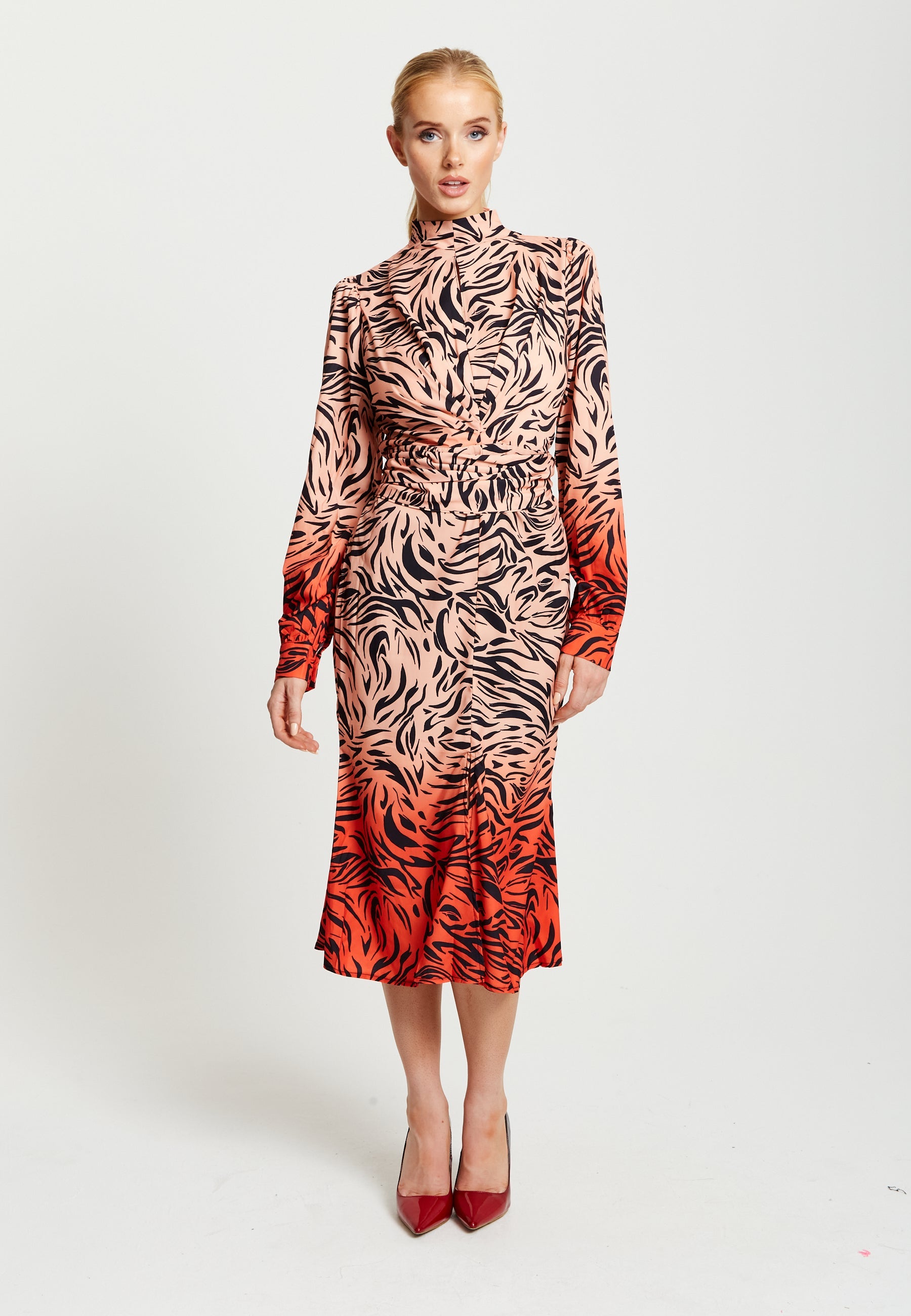 Women’s Midi Dress in Orange and Nude with Long Sleeves and Draped Waist Detail, Liquorish