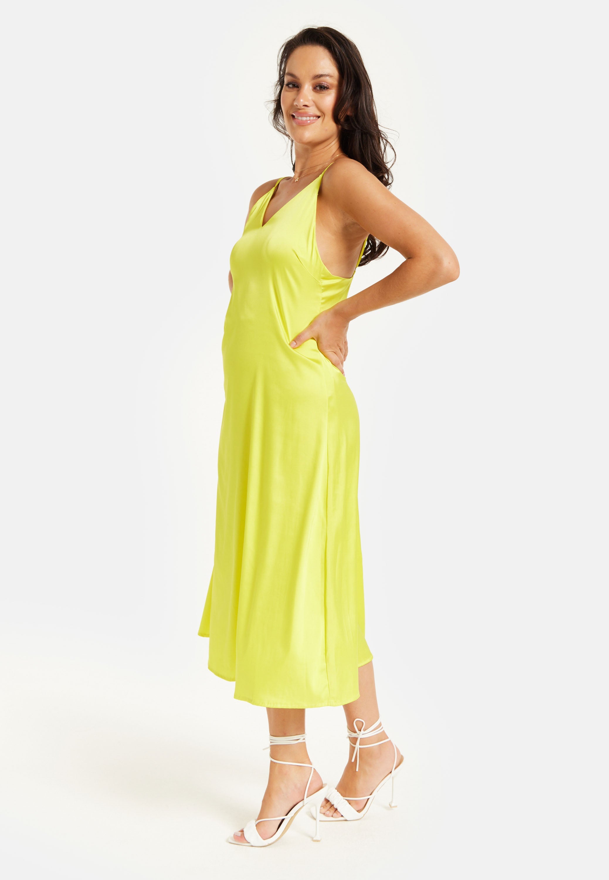 Women's Midi Dress in Yellow Satin with Spaghetti Straps and Deep V Neck - Liquorish