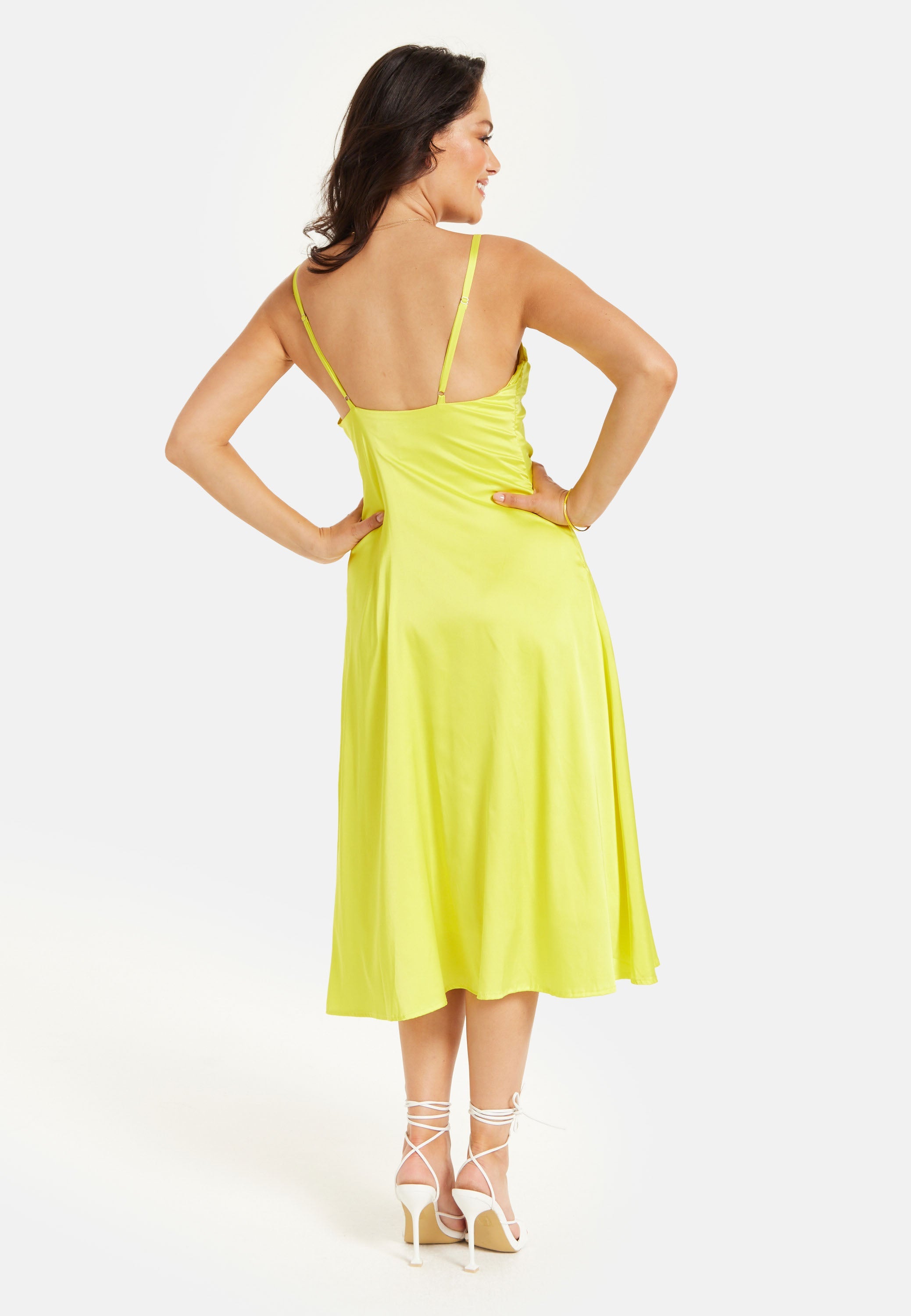 Women's Midi Dress in Yellow Satin with Spaghetti Straps and Deep V Neck - Liquorish