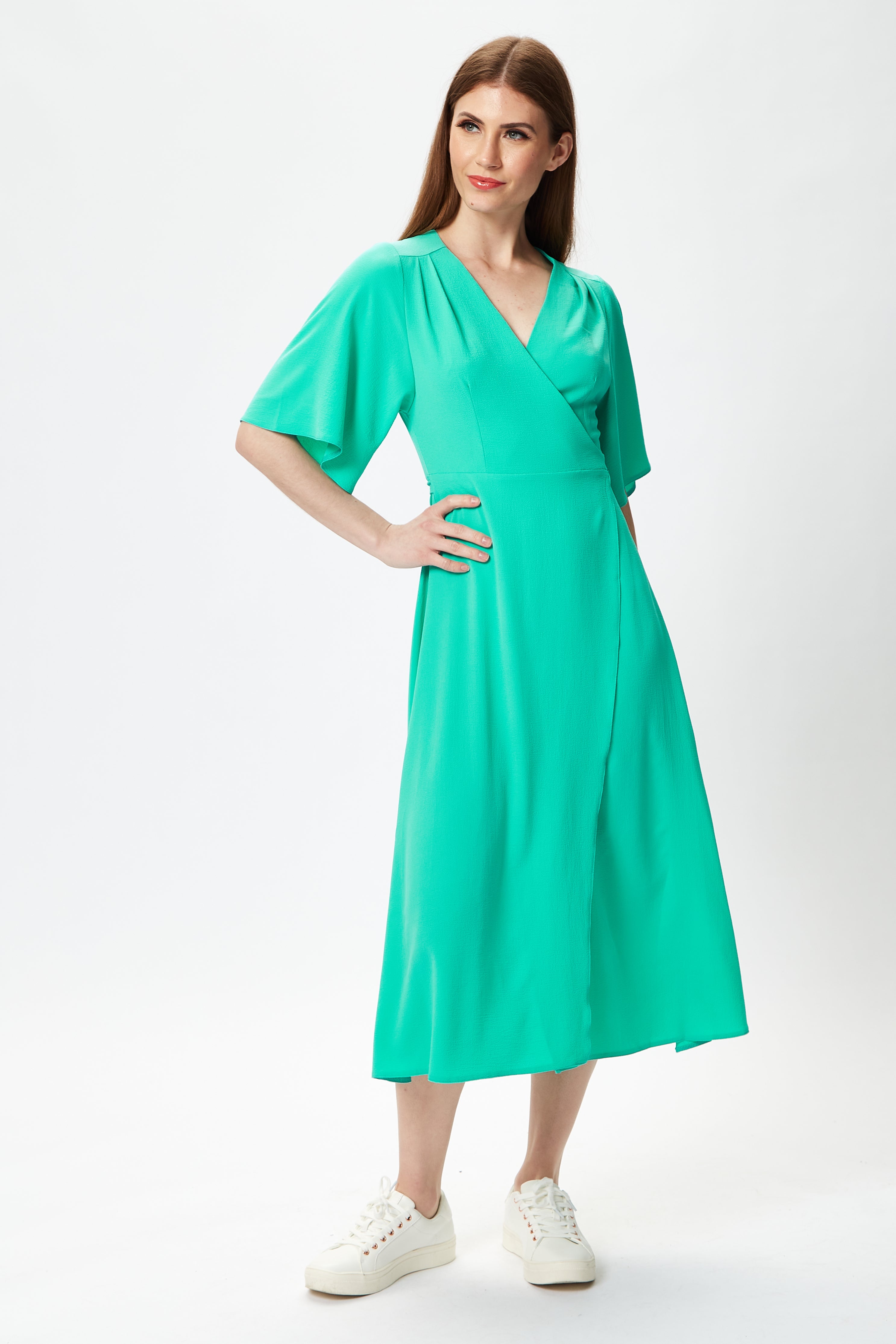 Women's Midi Wrap Dress in Mint Green with Short Kimono Sleeves - Elegant Style by Liquorish