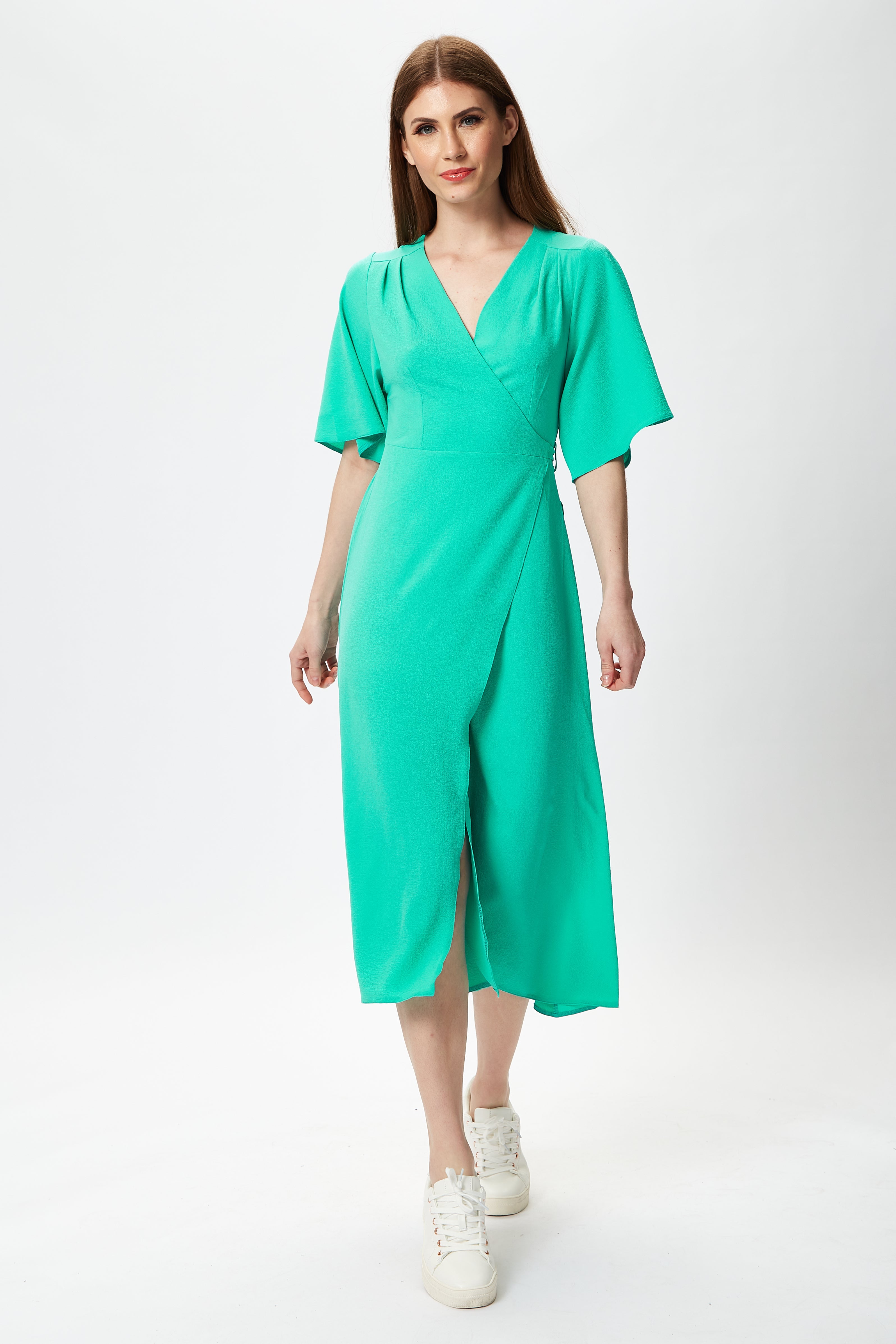 Women's Midi Wrap Dress in Mint Green with Short Kimono Sleeves - Elegant Style by Liquorish