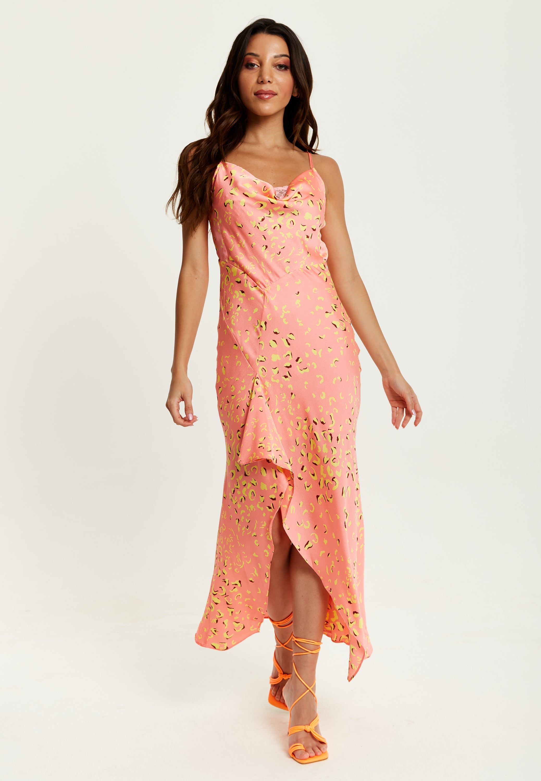 Women’s Maxi Dress in Peach with Cowl Neck, Spaghetti Straps, and Abstract Animal Print