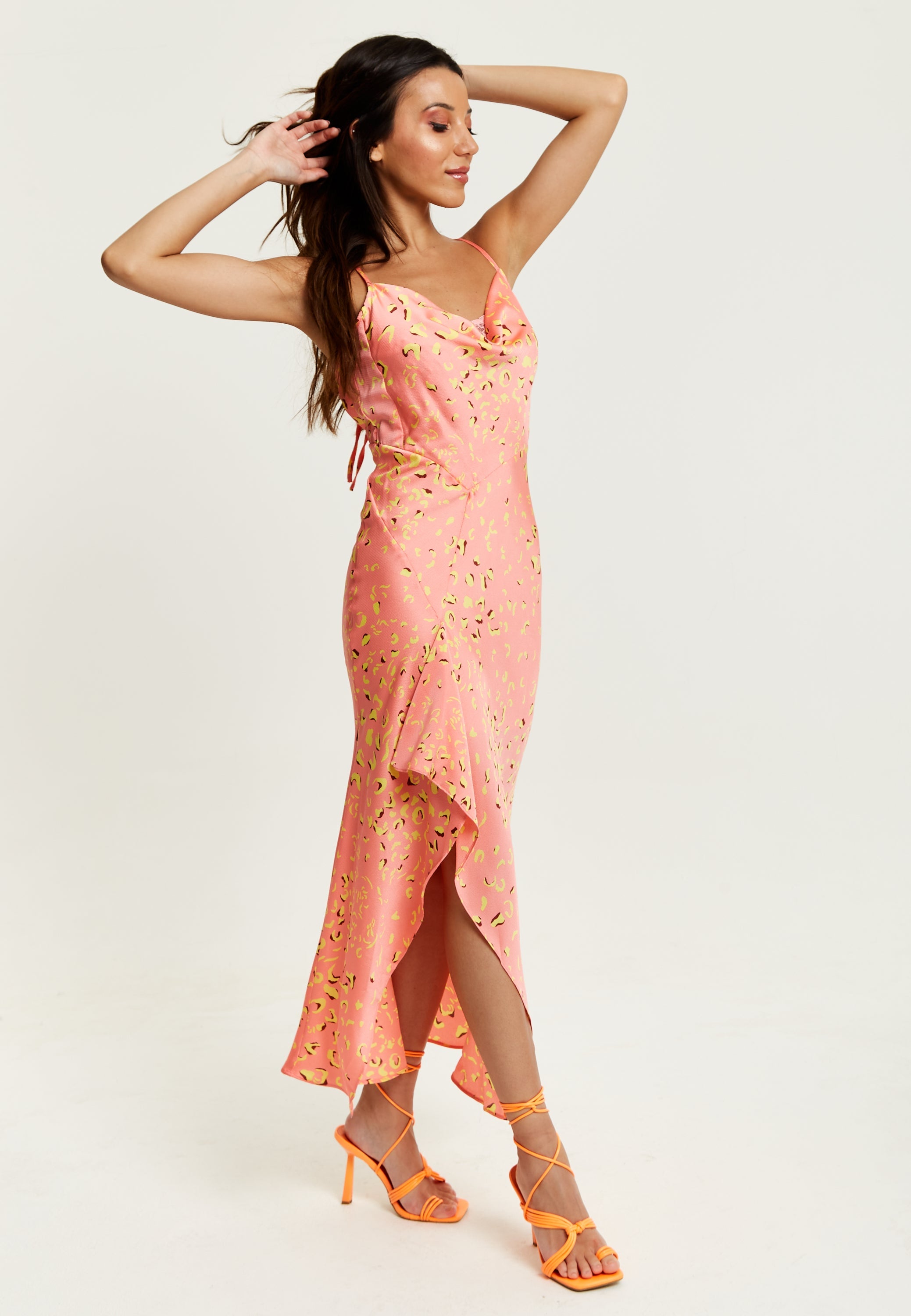 Women’s Maxi Dress in Peach with Cowl Neck, Spaghetti Straps, and Abstract Animal Print