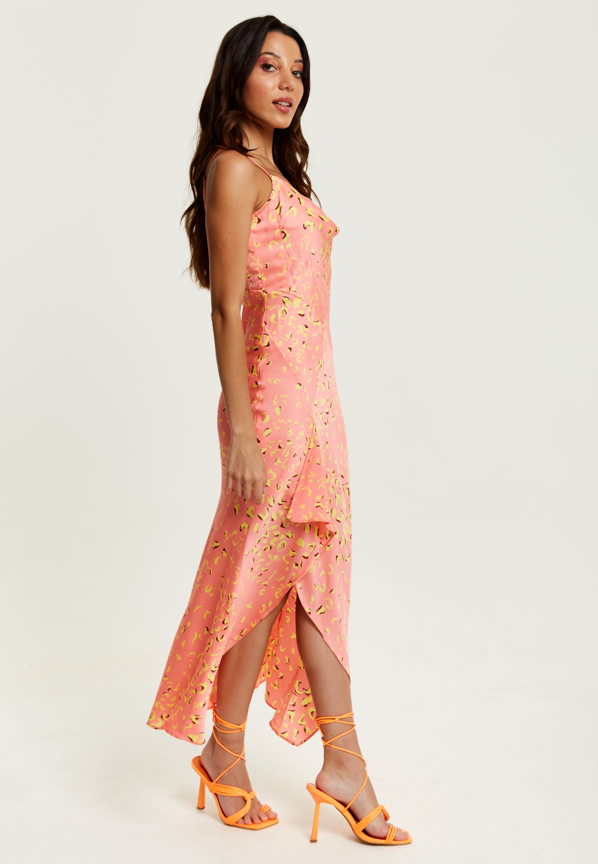 Women’s Maxi Dress in Peach with Cowl Neck, Spaghetti Straps, and Abstract Animal Print