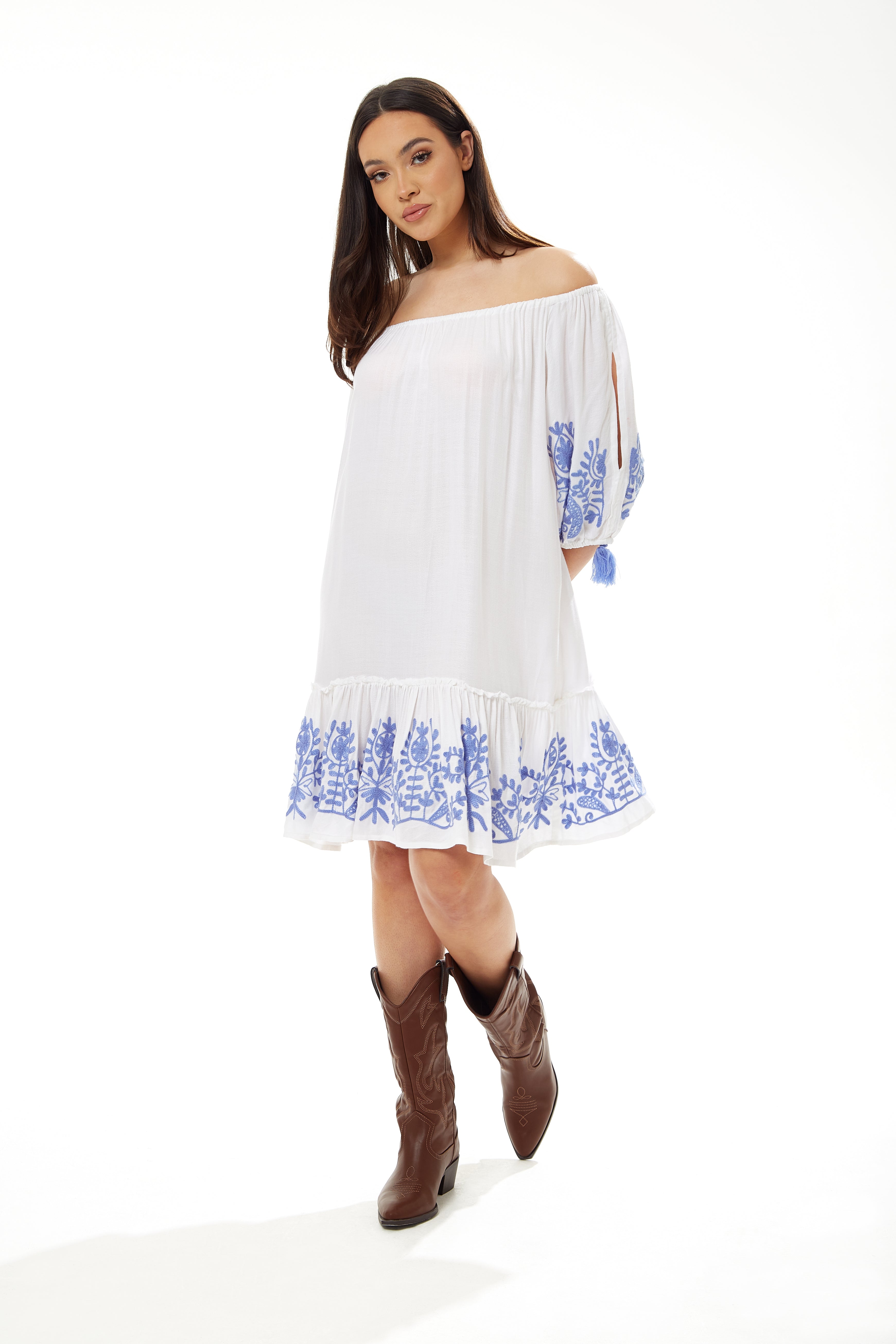 Women's Mini Dress in White with 3/4 Sleeves and Blue Floral Embroidery - Liquorish
