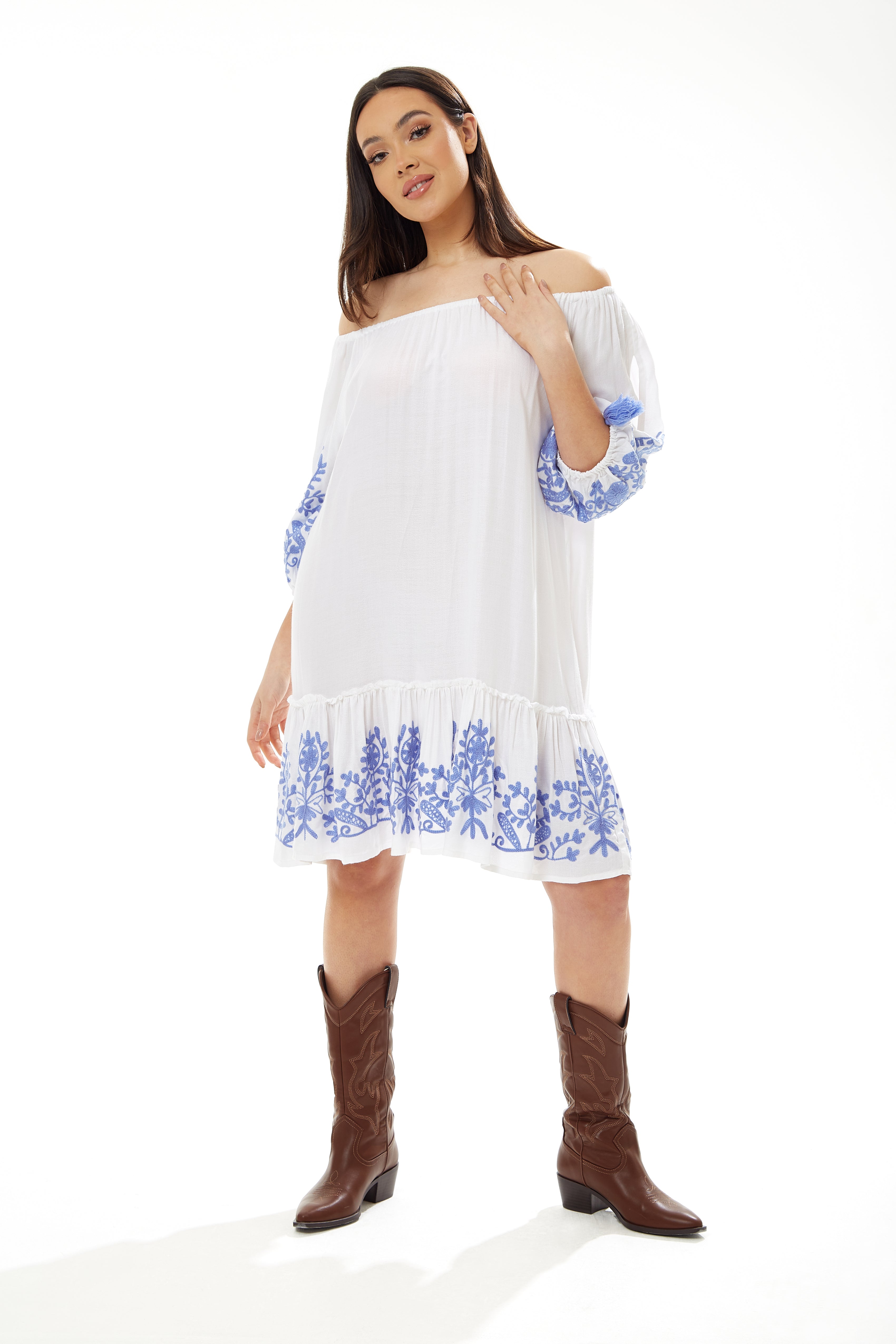 Women's Mini Dress in White with 3/4 Sleeves and Blue Floral Embroidery - Liquorish