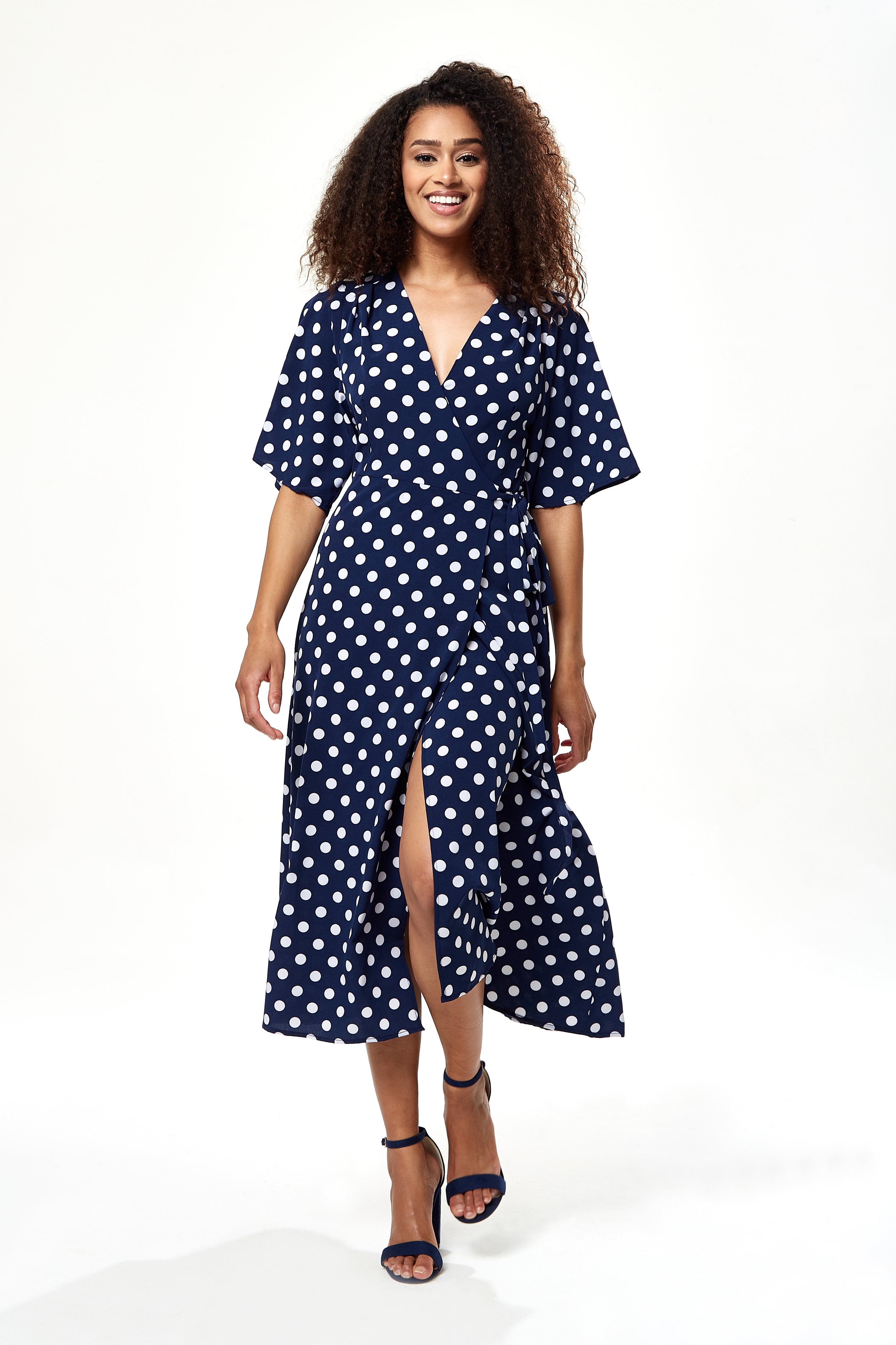 Women's Midi Wrap Dress in Navy with Kimono Sleeves - Chic Big Polka Dot Design by Liquorish