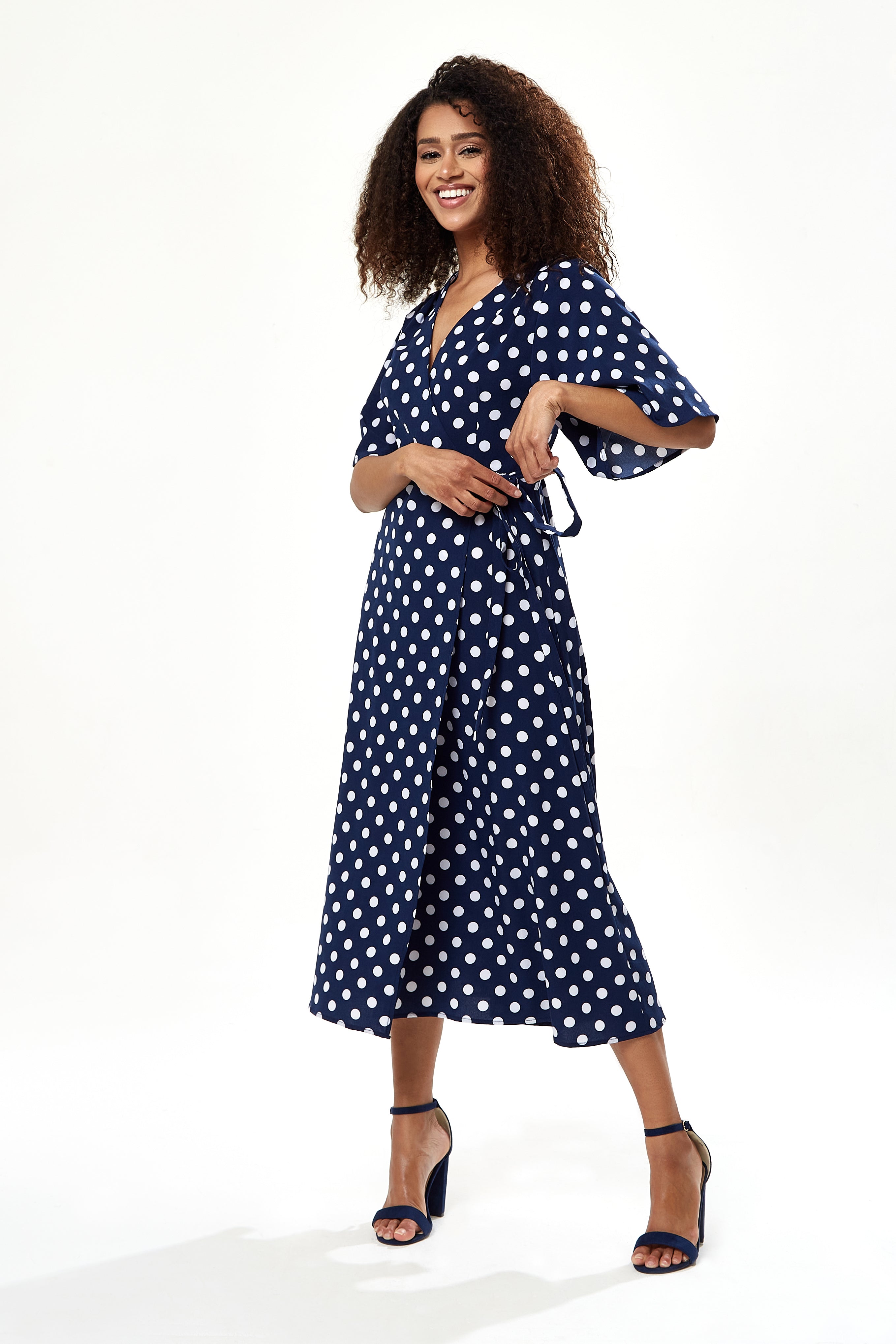 Women's Midi Wrap Dress in Navy with Kimono Sleeves - Chic Big Polka Dot Design by Liquorish