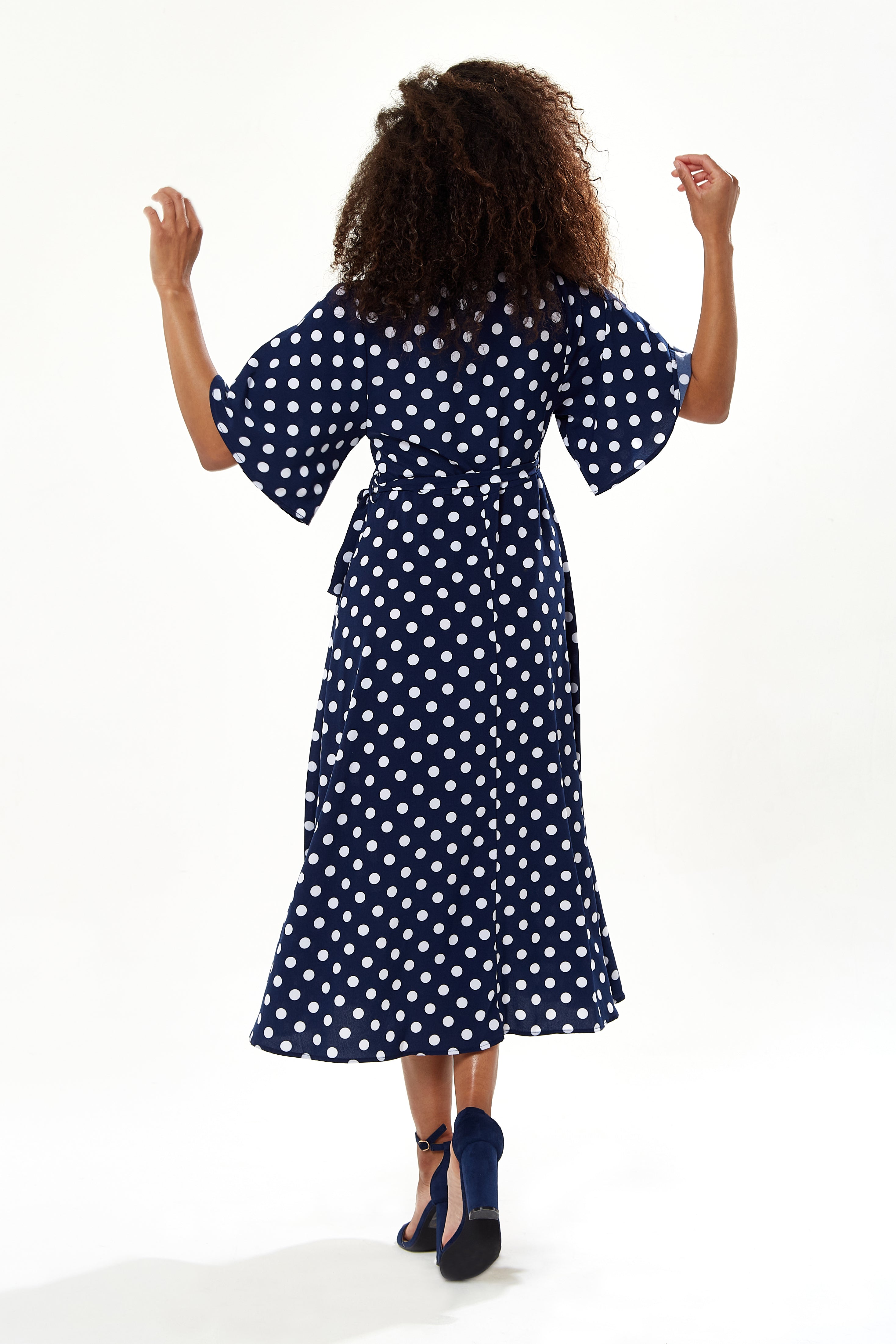 Women's Midi Wrap Dress in Navy with Kimono Sleeves - Chic Big Polka Dot Design by Liquorish
