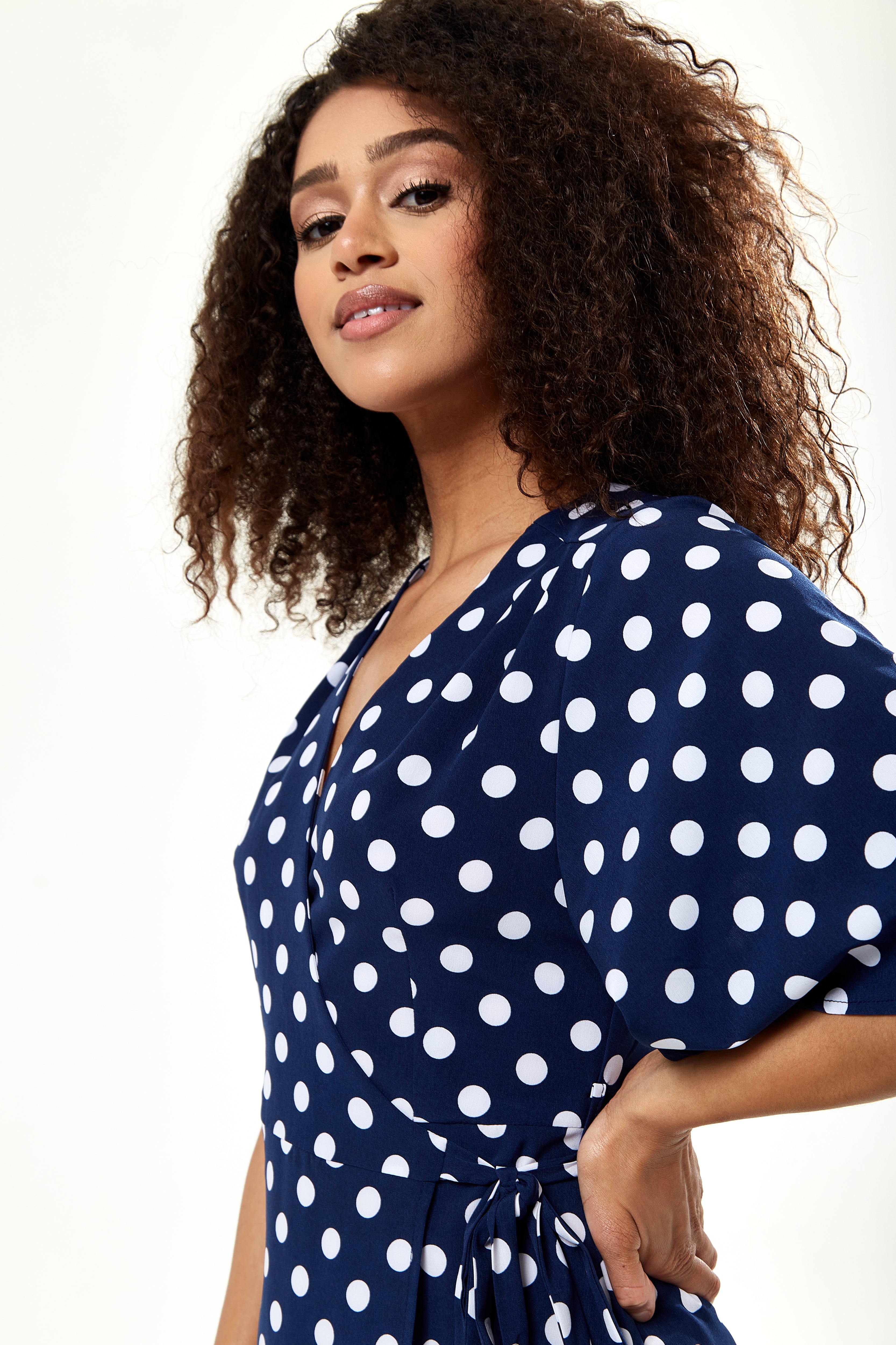 Women's Midi Wrap Dress in Navy with Kimono Sleeves - Chic Big Polka Dot Design by Liquorish