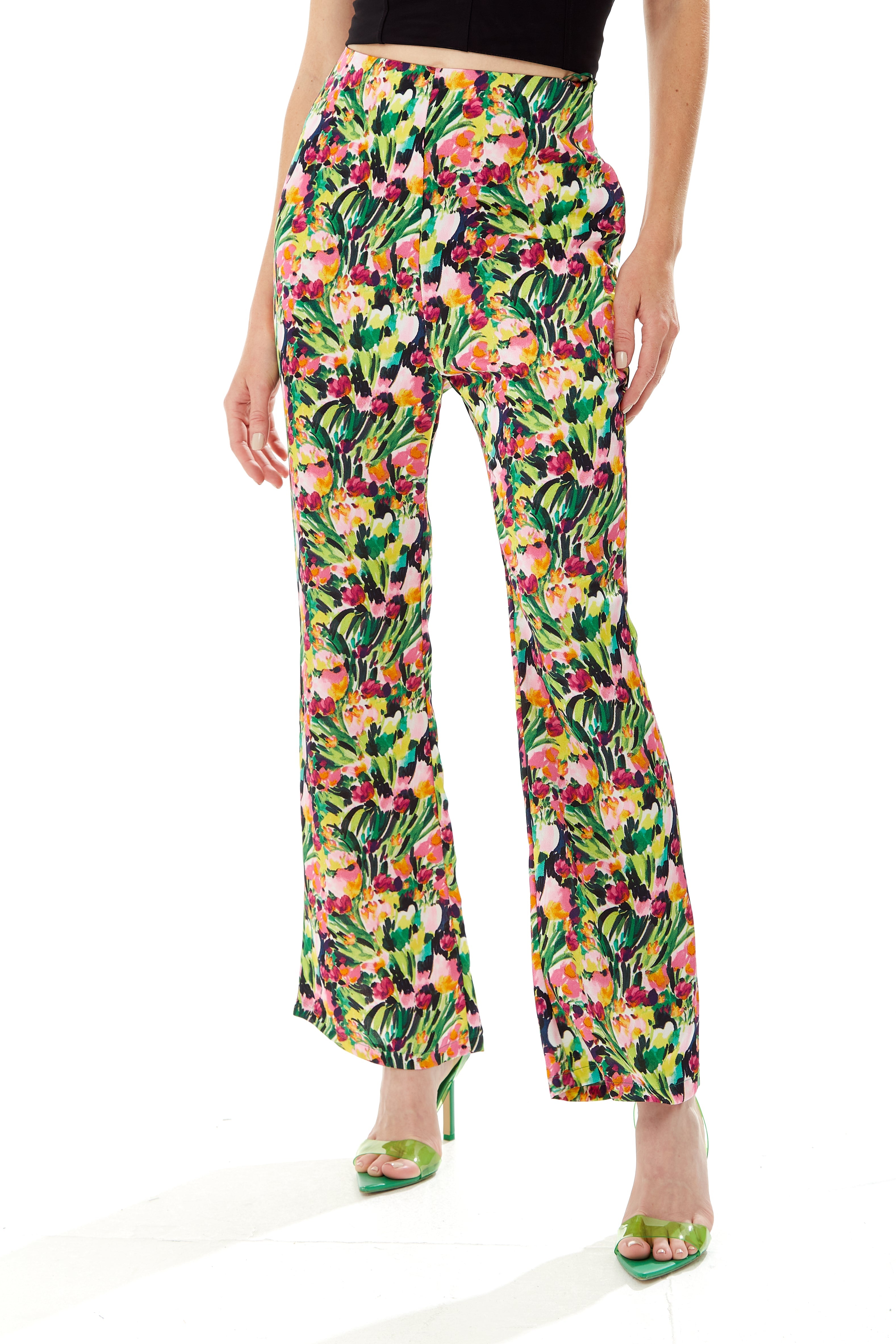 Women's Trousers with Floral Print, High Waist, Straight Fit, Waist-Down Dressing, 100% Polyester, Liquorish