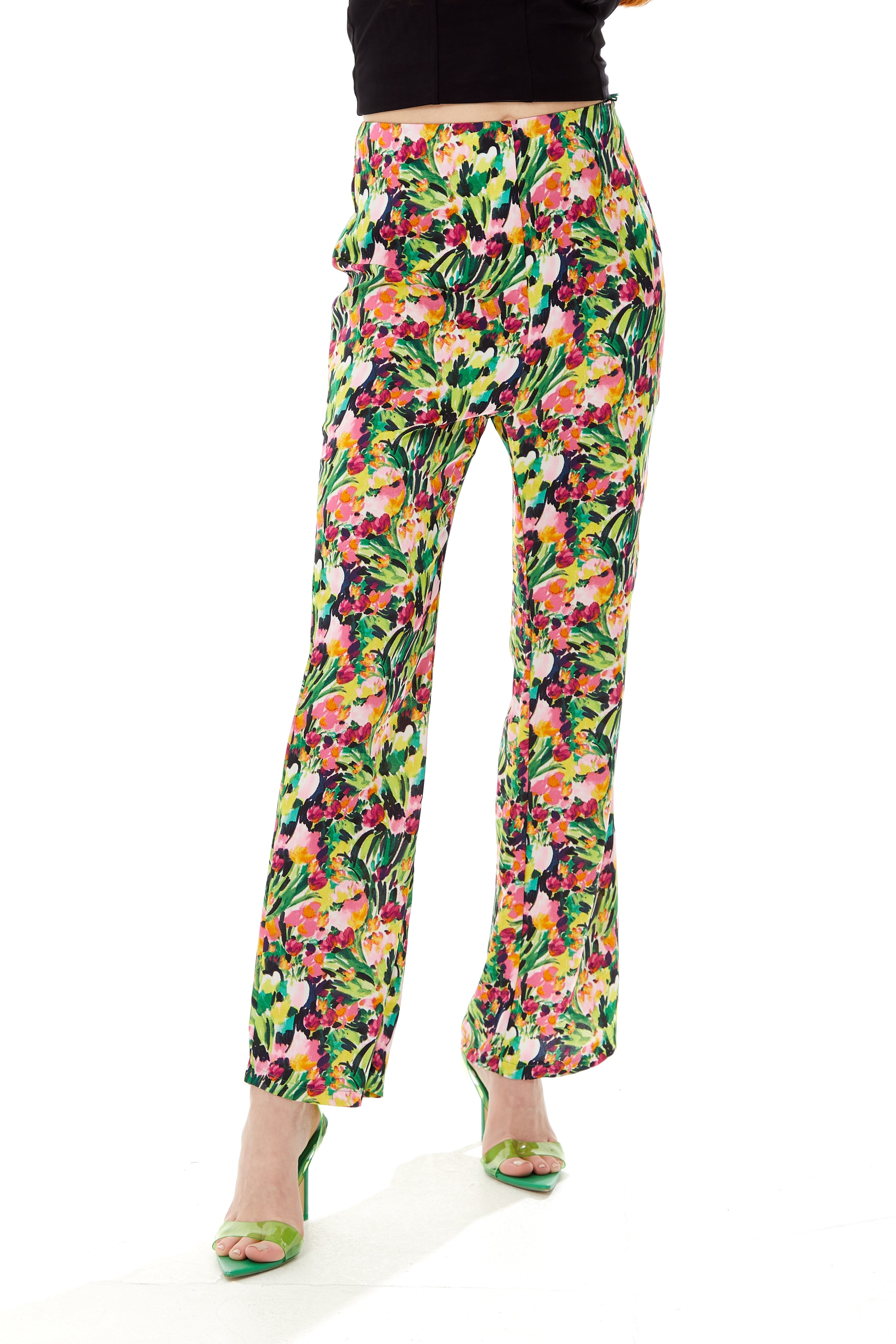 Women's Trousers with Floral Print, High Waist, Straight Fit, Waist-Down Dressing, 100% Polyester, Liquorish
