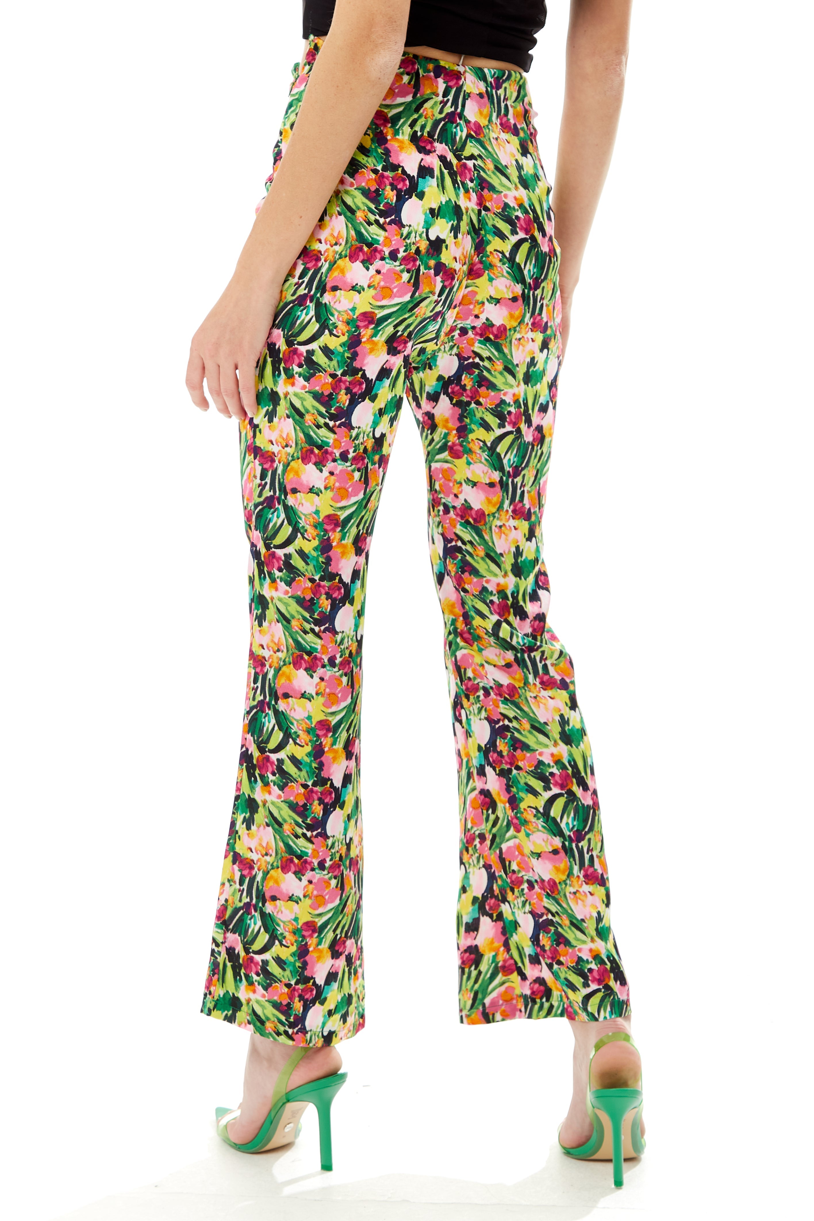 Women's Trousers with Floral Print, High Waist, Straight Fit, Waist-Down Dressing, 100% Polyester, Liquorish