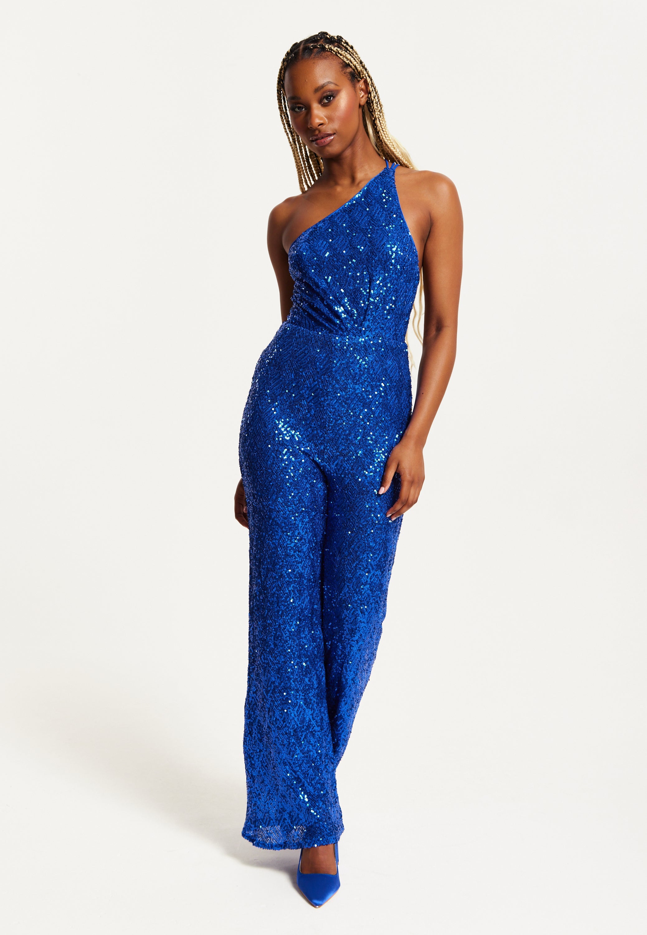 Women's Royal Blue One Shoulder Sequin Jersey Jumpsuit with Backless Design, Elasticated Waist, and Slim Fit