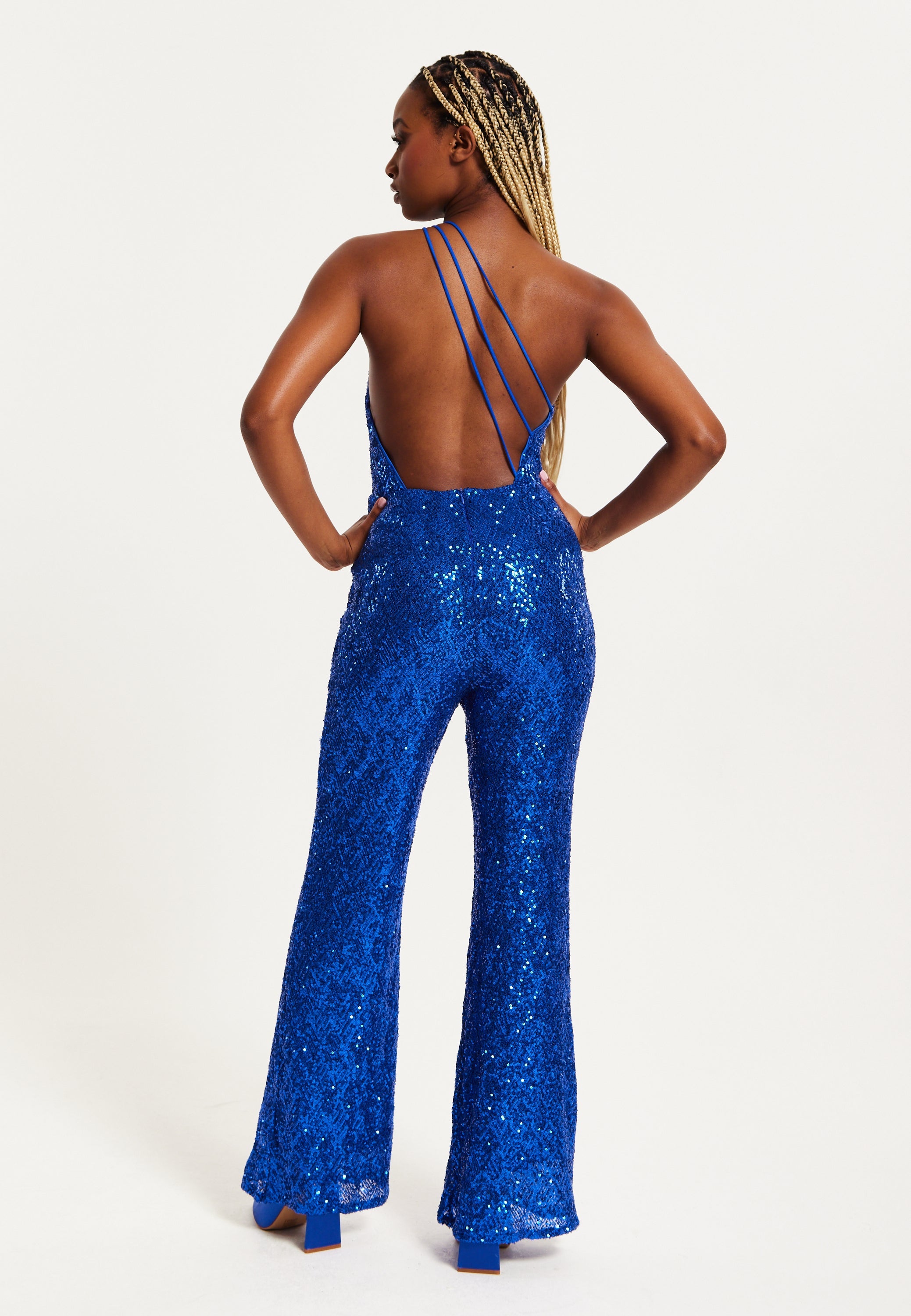 Women's Royal Blue One Shoulder Sequin Jersey Jumpsuit with Backless Design, Elasticated Waist, and Slim Fit