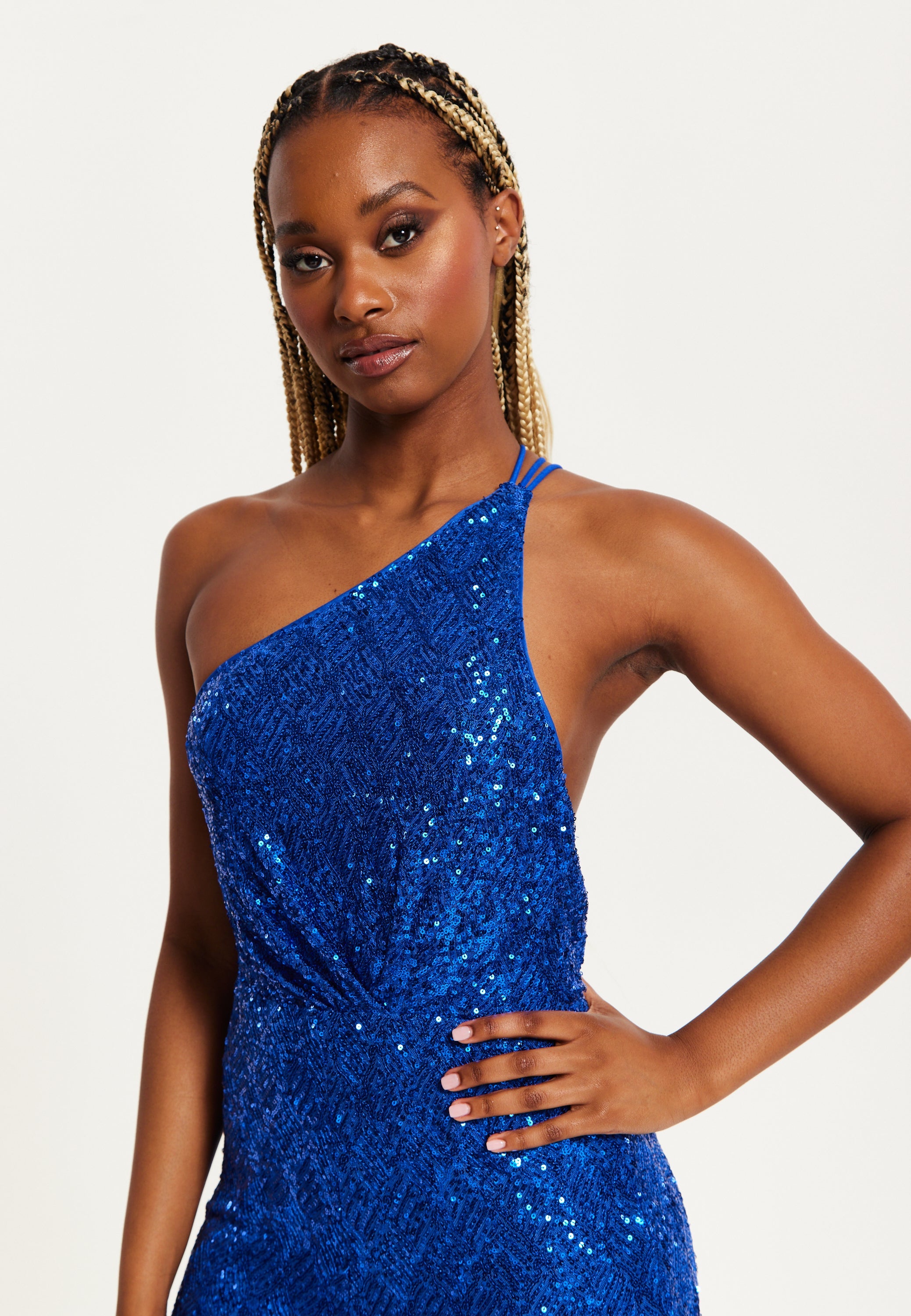 Women's Royal Blue One Shoulder Sequin Jersey Jumpsuit with Backless Design, Elasticated Waist, and Slim Fit