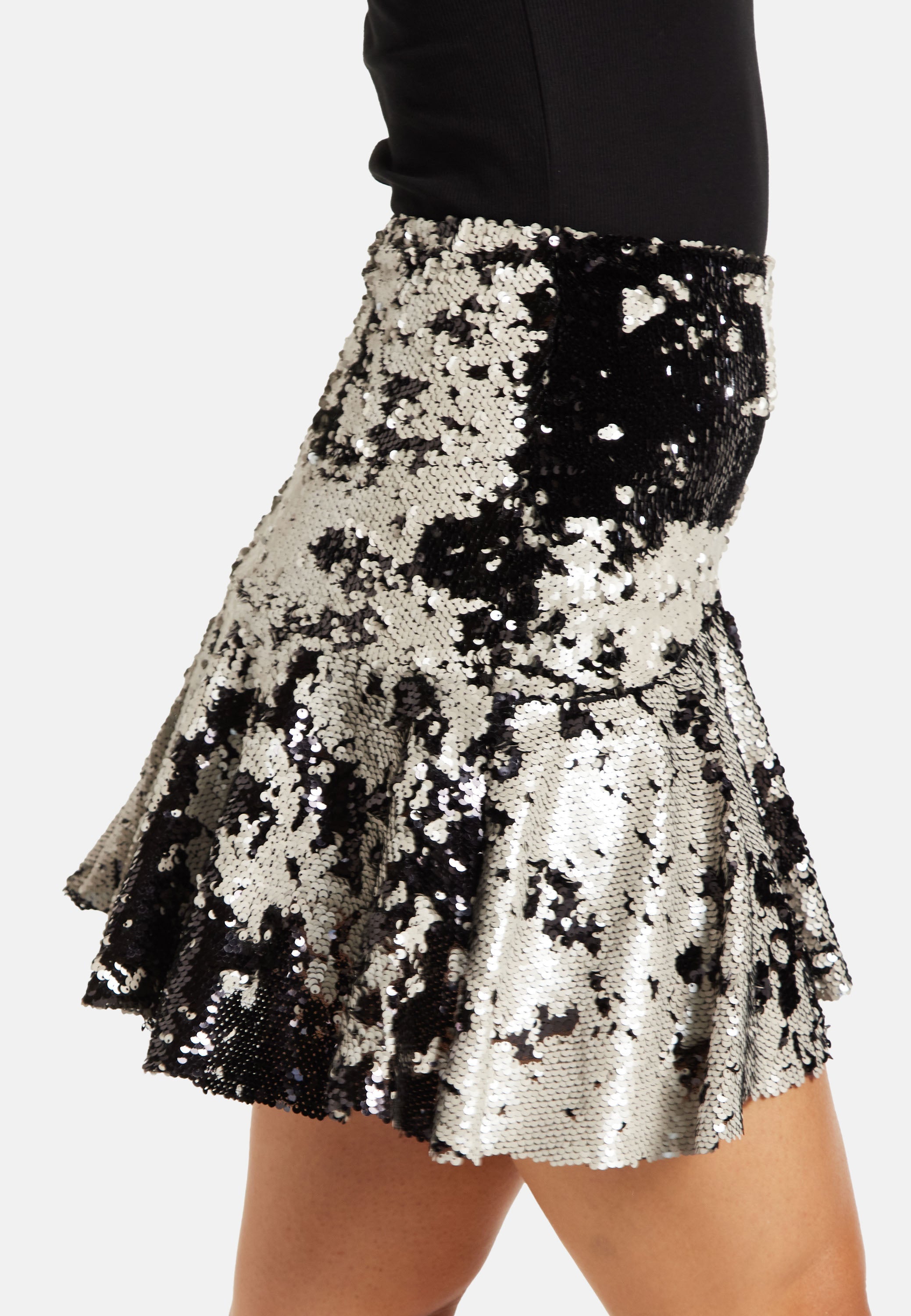 Women's Black Flared Hem Sequin Mini Skirt with Two-Tone Shimmering Effect - Liquorish
