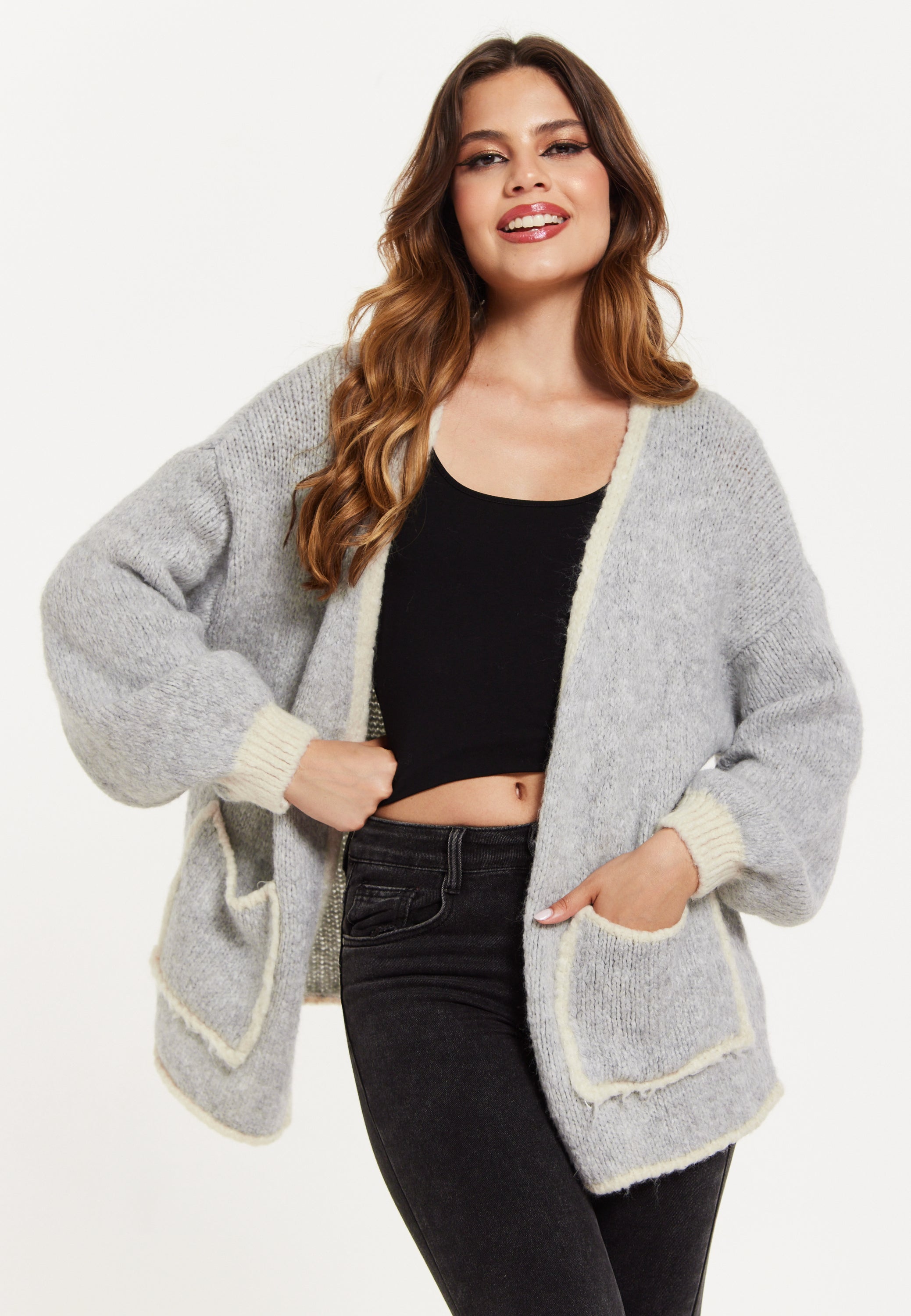 Women's Grey Chunky Knit Cardigan with Pockets, Open-Front Design and Contrast Trim, Liquorish