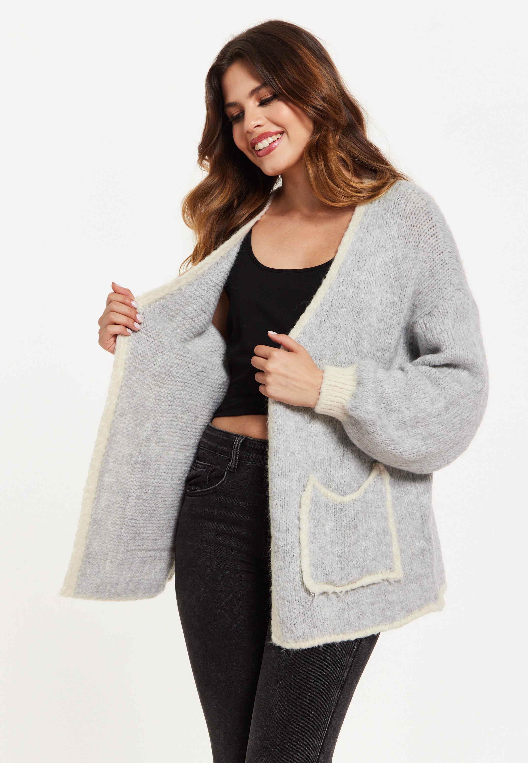 Women's Grey Chunky Knit Cardigan with Pockets, Open-Front Design and Contrast Trim, Liquorish