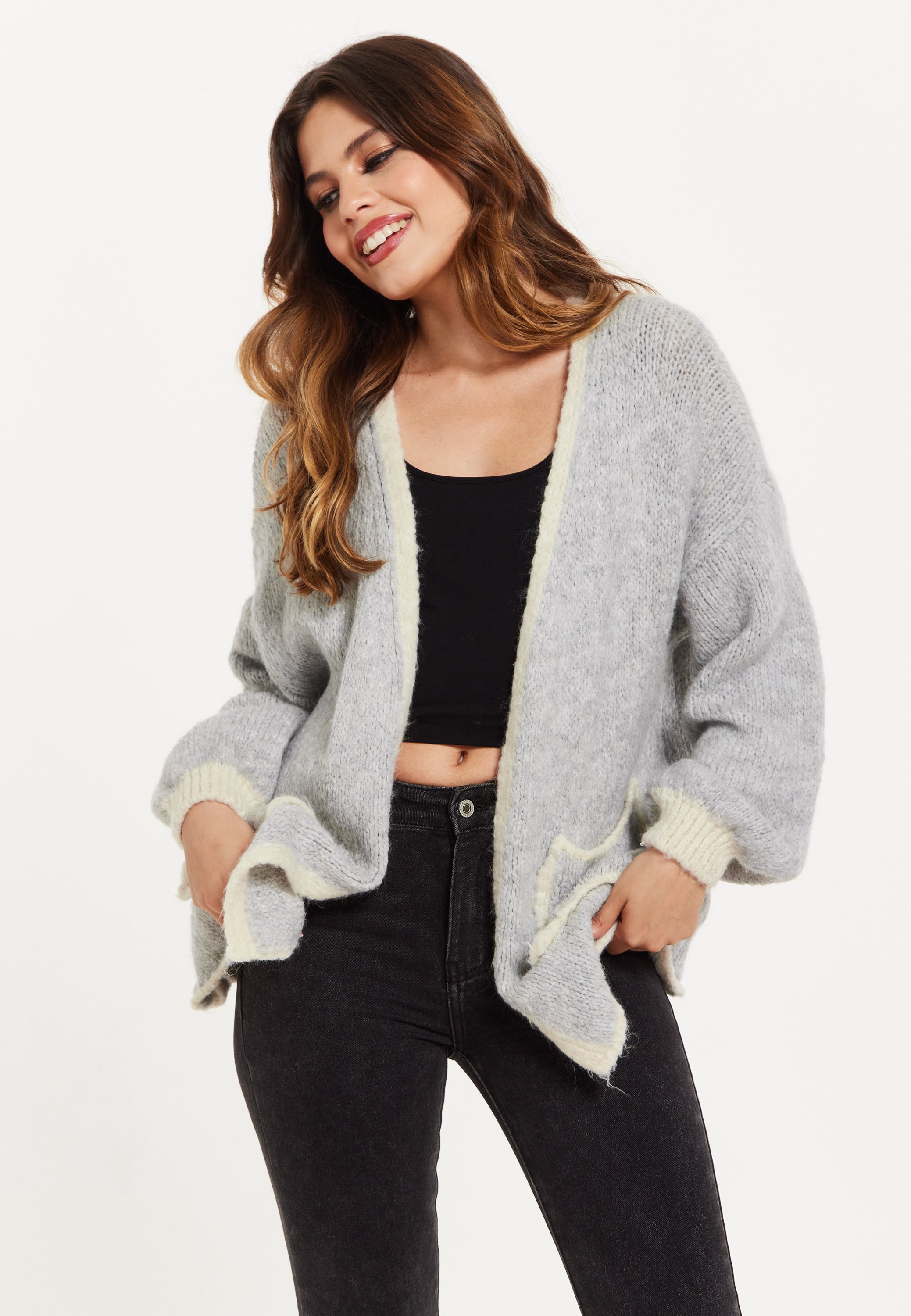 Women's Grey Chunky Knit Cardigan with Pockets, Open-Front Design and Contrast Trim, Liquorish