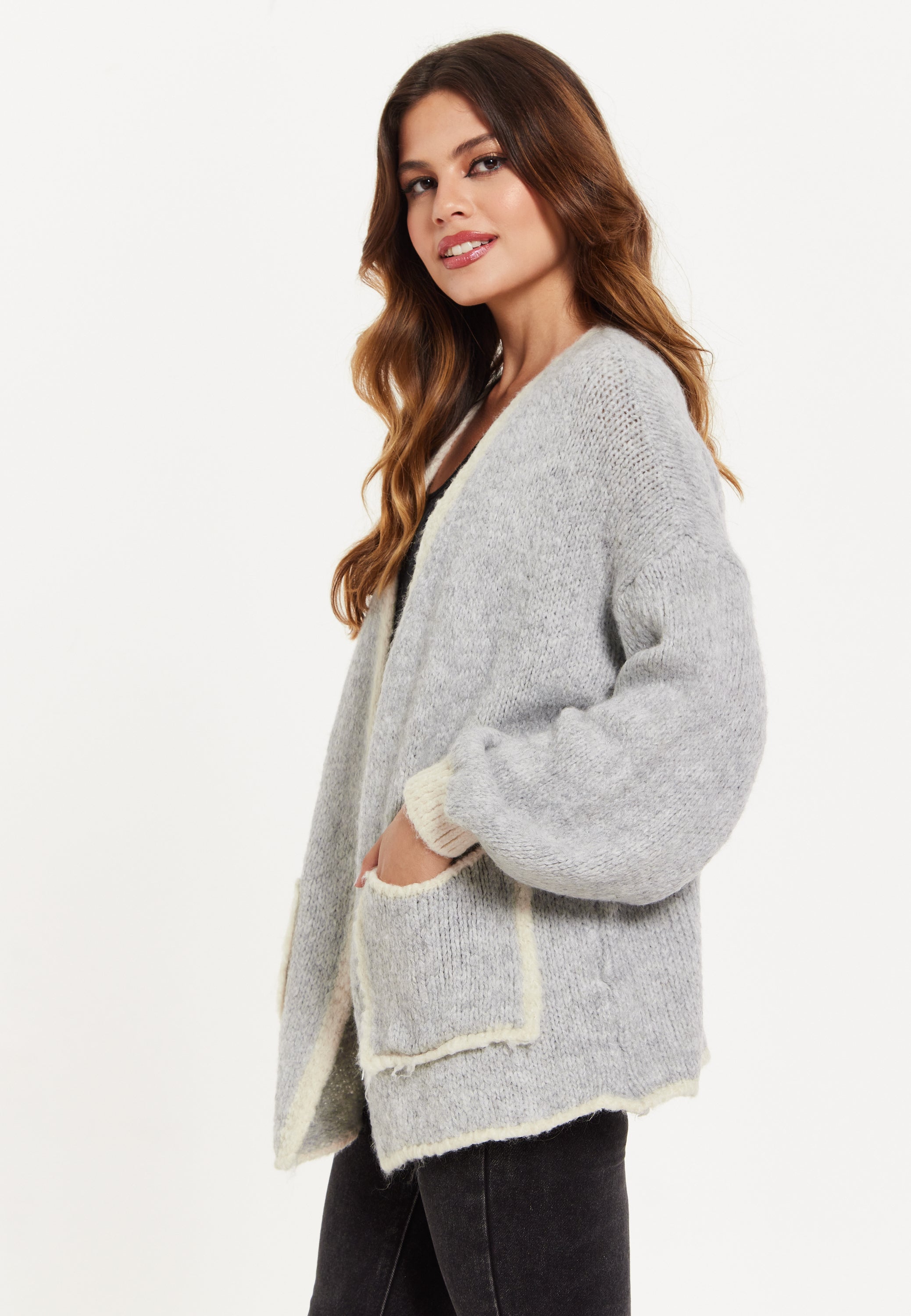 Women's Grey Chunky Knit Cardigan with Pockets, Open-Front Design and Contrast Trim, Liquorish