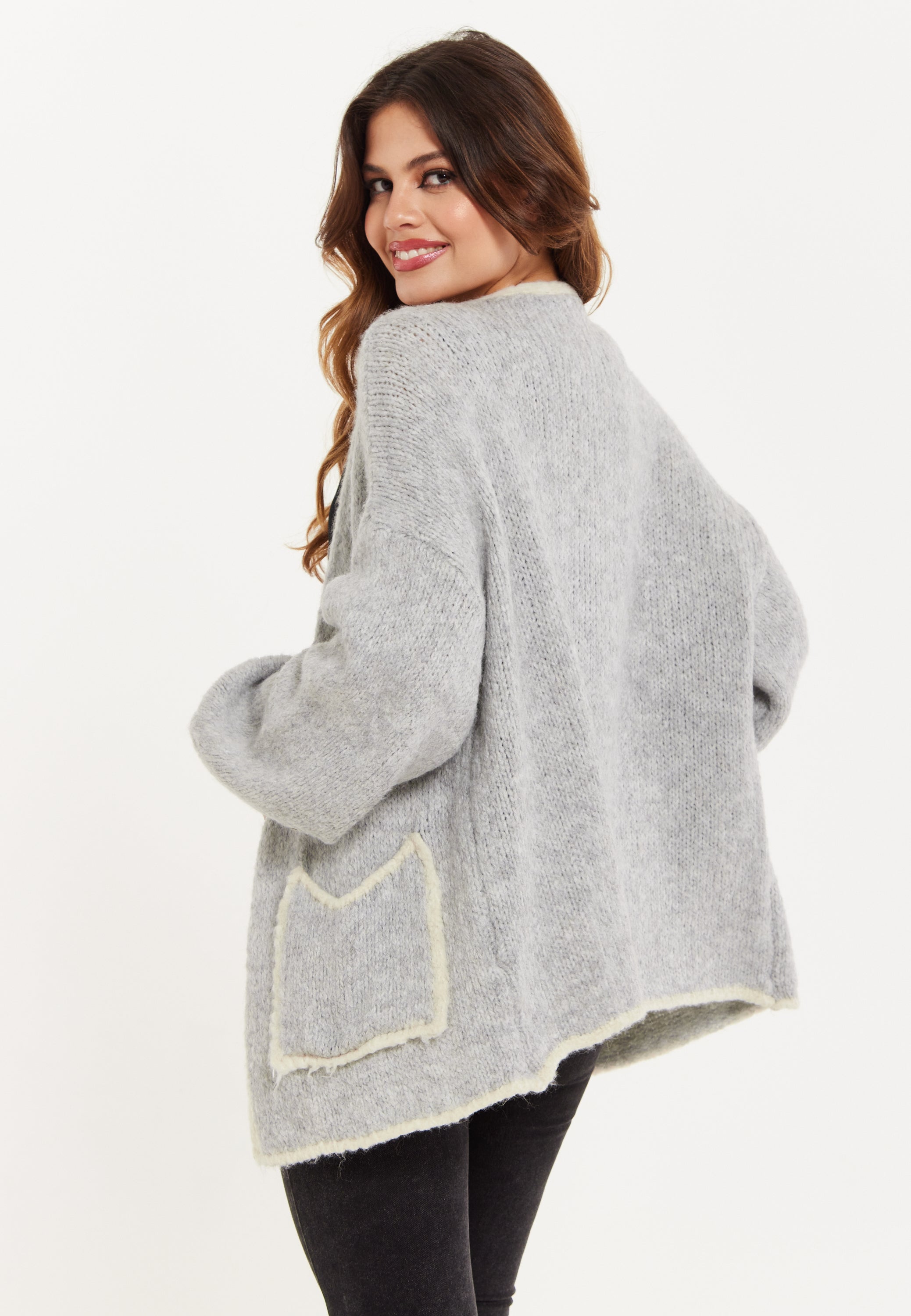 Women's Grey Chunky Knit Cardigan with Pockets, Open-Front Design and Contrast Trim, Liquorish