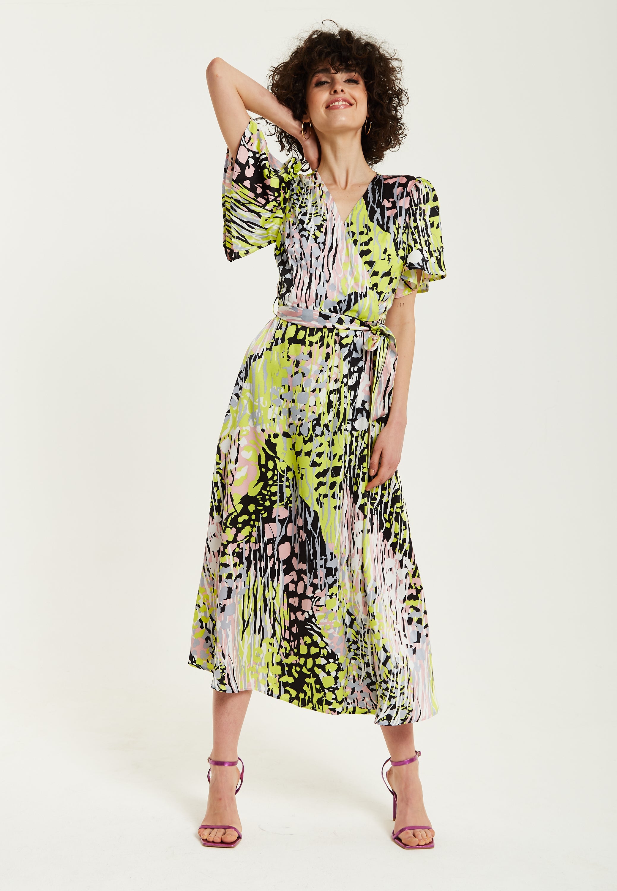 Women's Midi Wrap Dress in Vibrant Multicolour Abstract Print with Short Sleeves - Liquorish