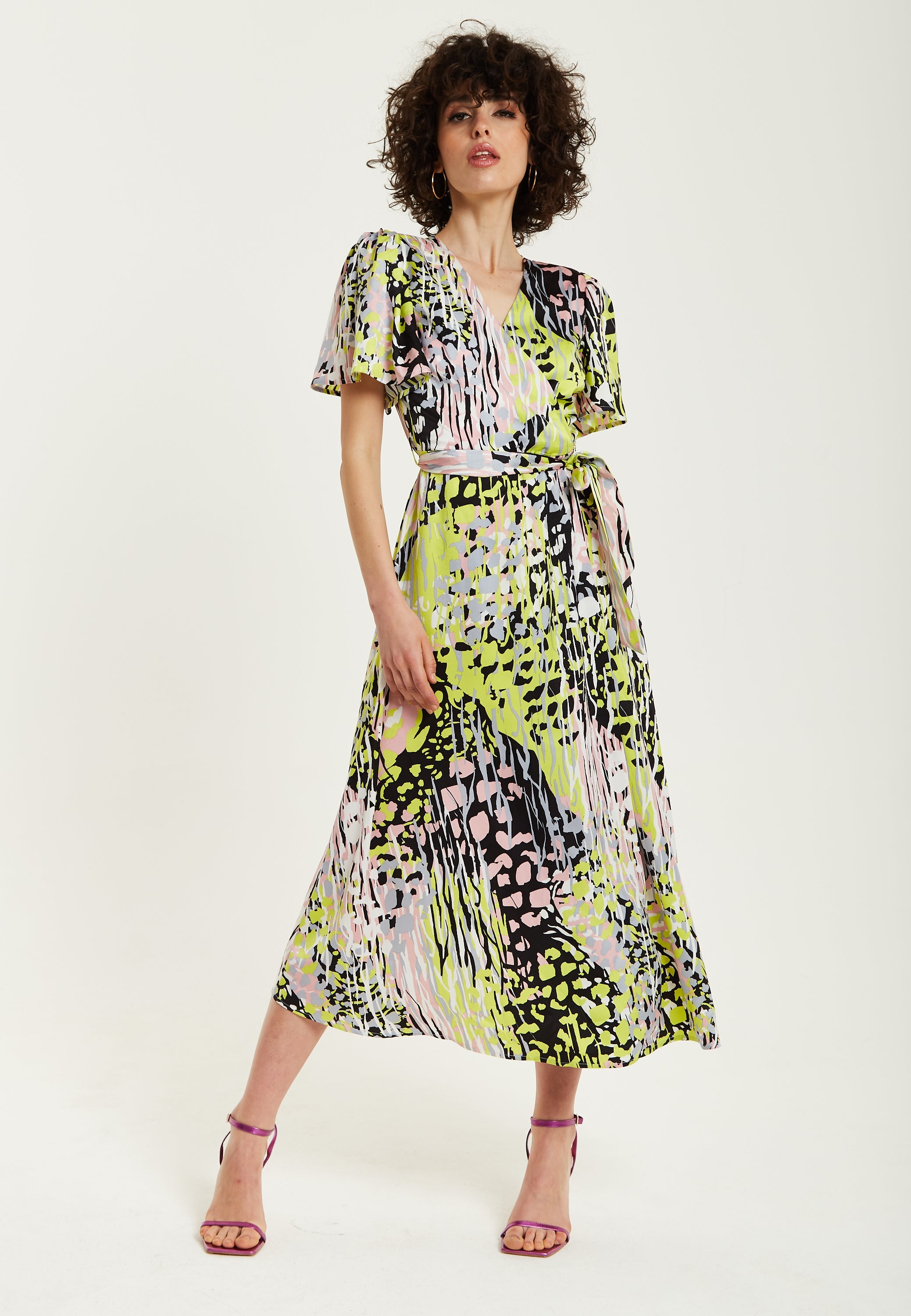 Women's Midi Wrap Dress in Vibrant Multicolour Abstract Print with Short Sleeves - Liquorish