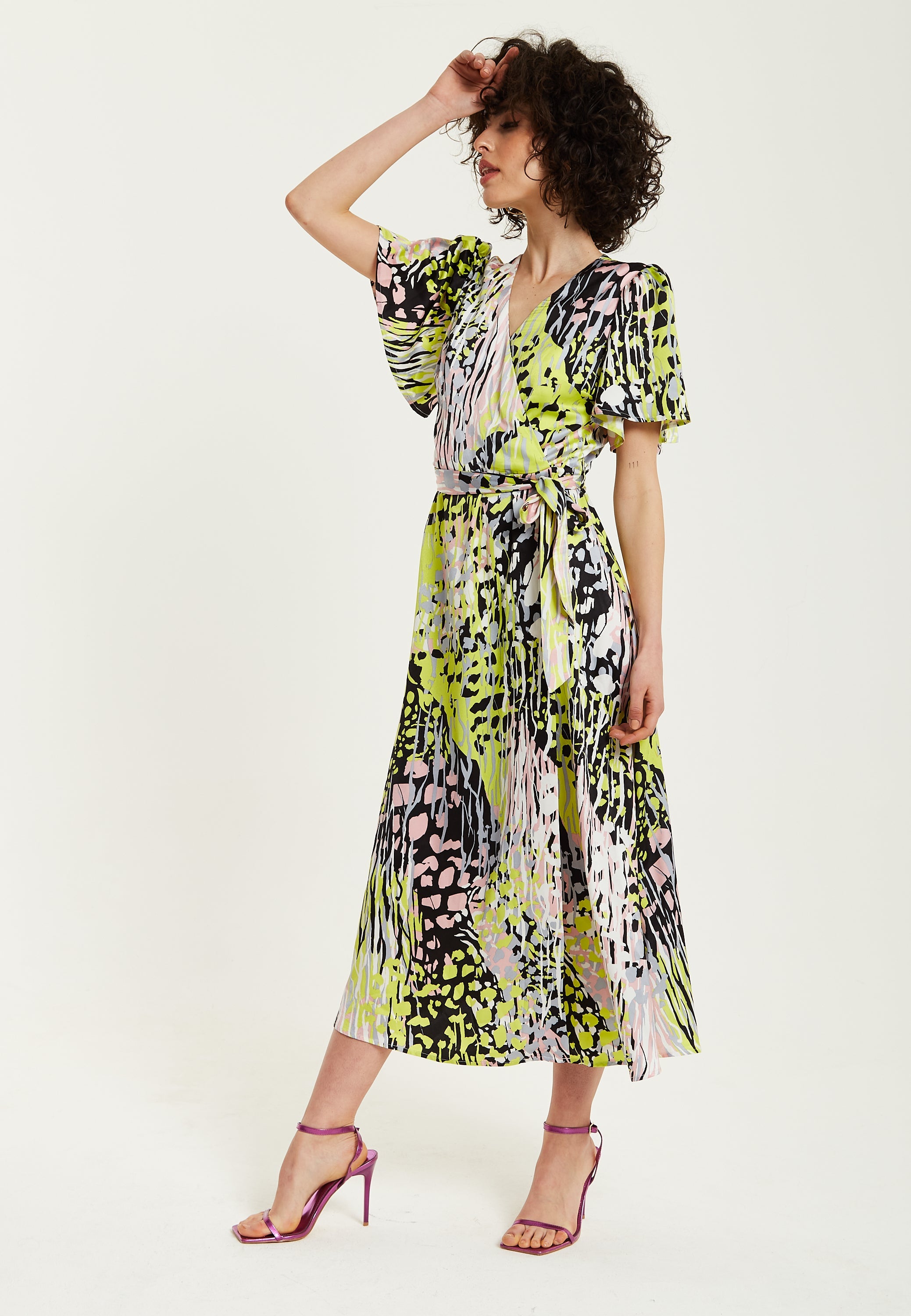 Women's Midi Wrap Dress in Vibrant Multicolour Abstract Print with Short Sleeves - Liquorish