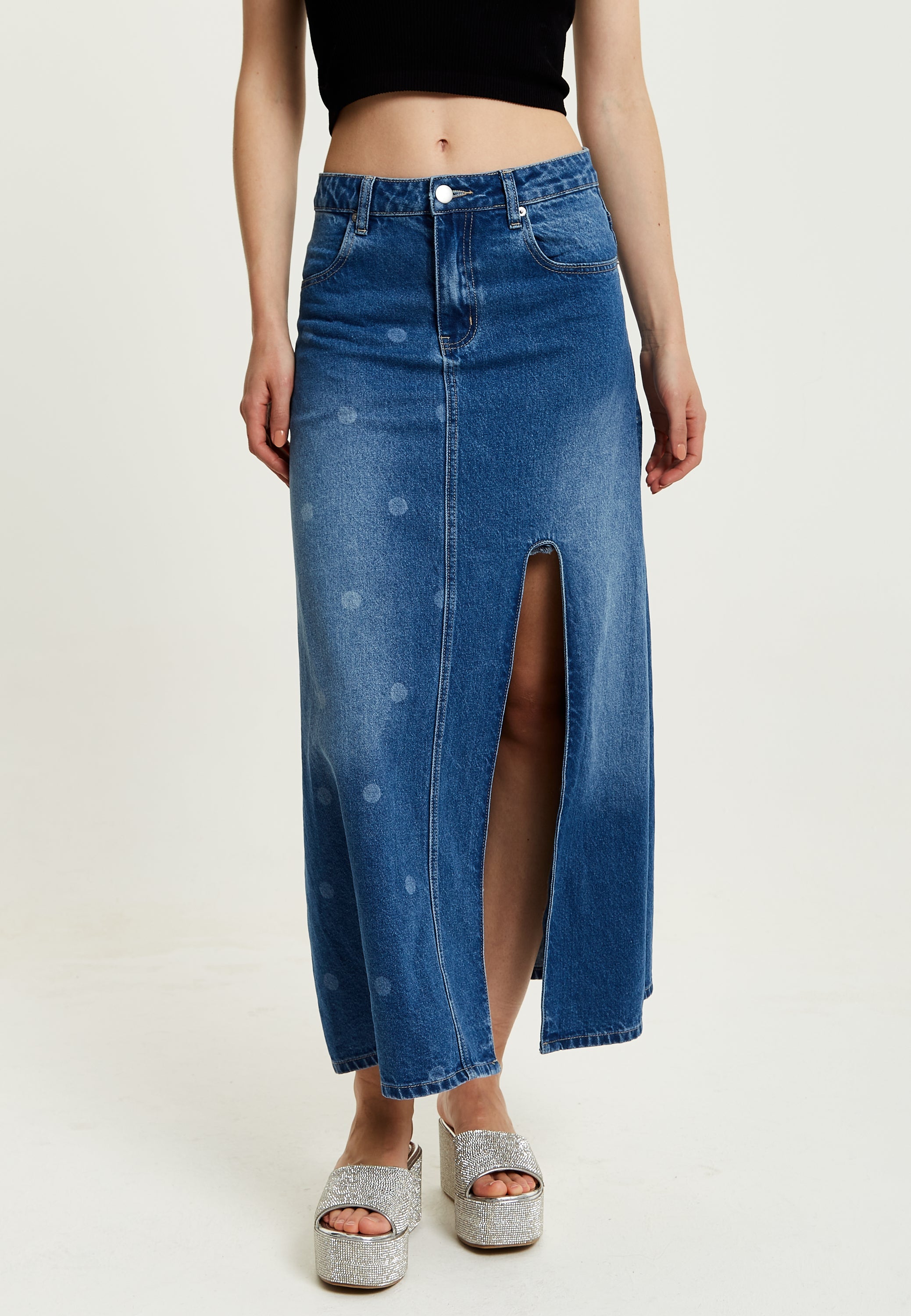 Women's Maxi Polka Dot Denim Skirt with Slit Detail and Belt Loops - 100% Cotton by Liquorish