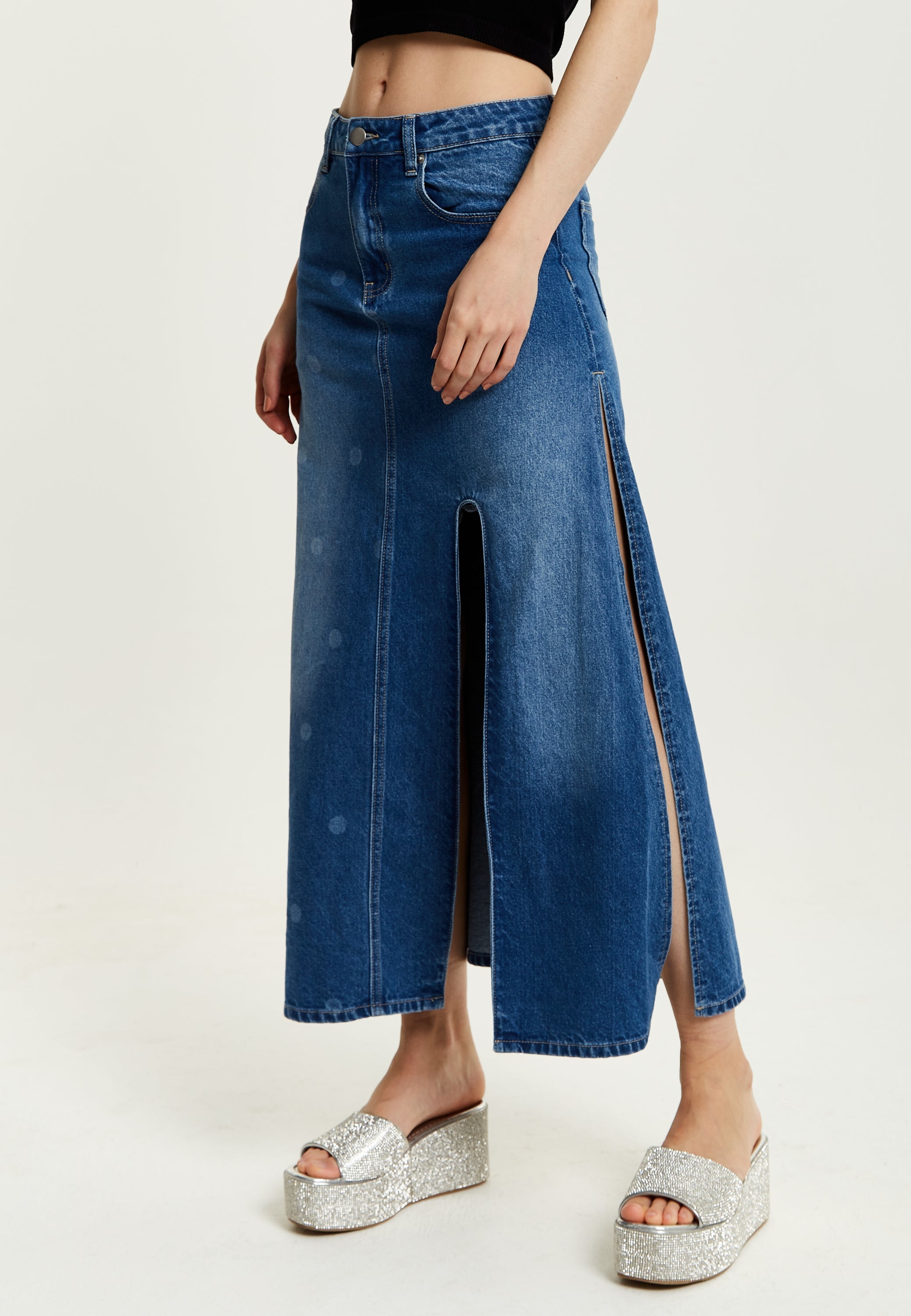Women's Maxi Polka Dot Denim Skirt with Slit Detail and Belt Loops - 100% Cotton by Liquorish