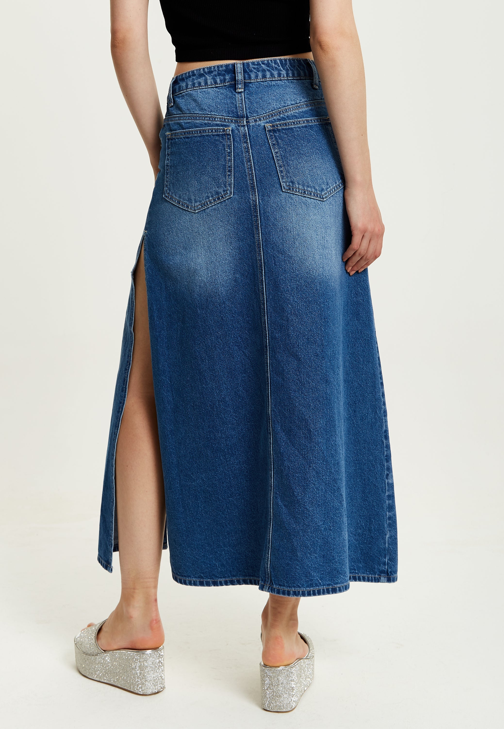 Women's Maxi Polka Dot Denim Skirt with Slit Detail and Belt Loops - 100% Cotton by Liquorish