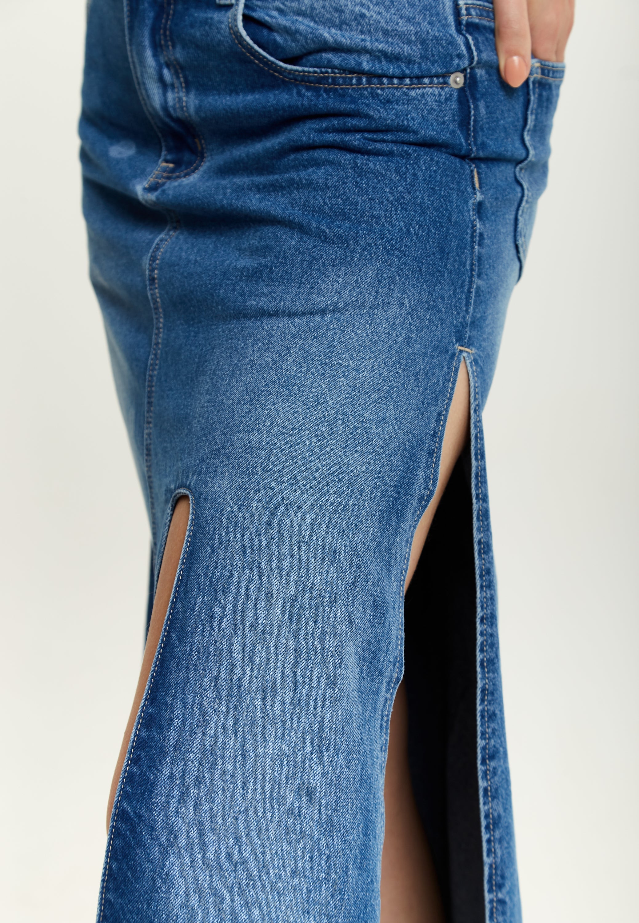 Women's Maxi Polka Dot Denim Skirt with Slit Detail and Belt Loops - 100% Cotton by Liquorish