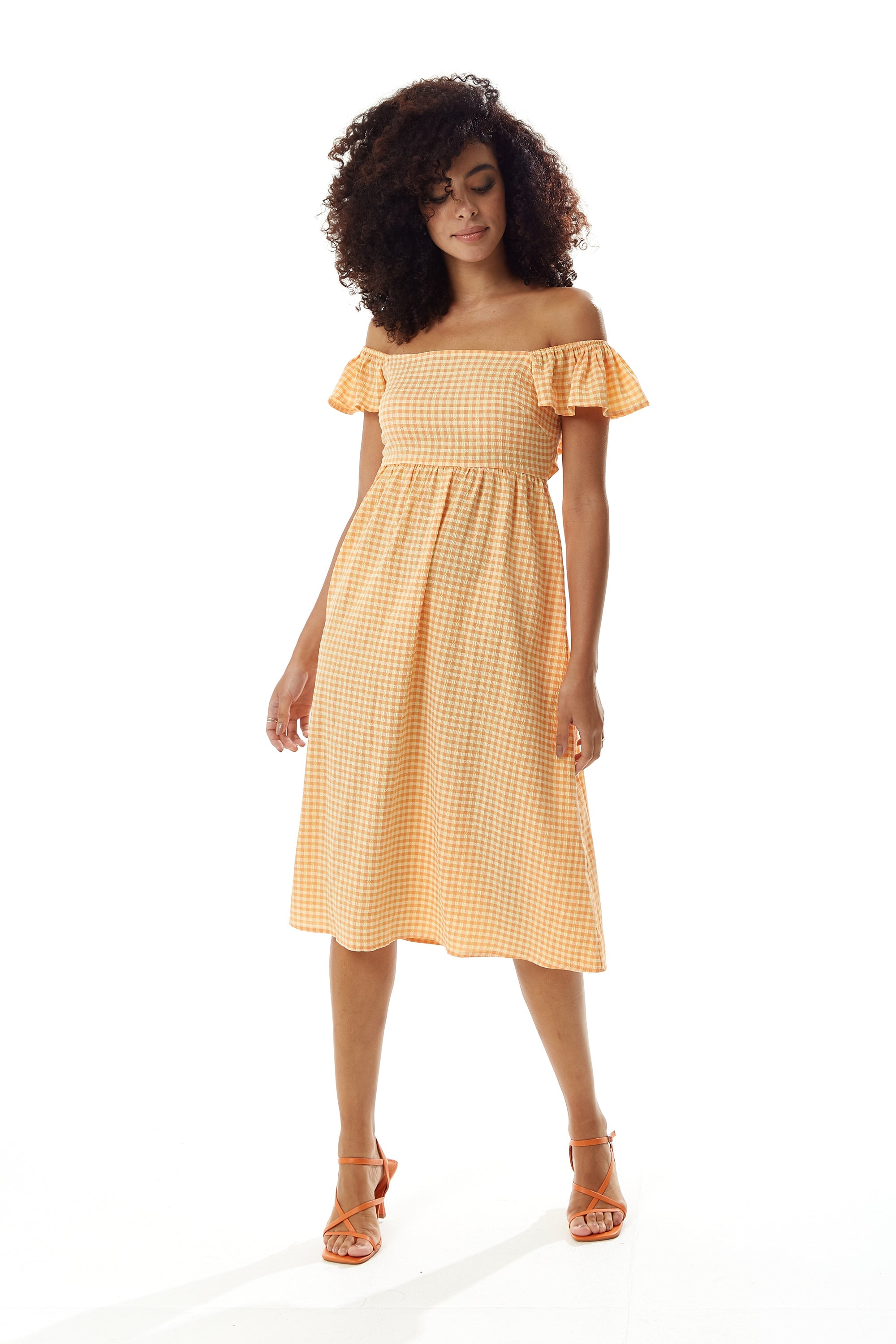 Women's Midi Dress with Frill Sleeves in Orange Gingham - Cut Out Back and Tie Detail by Liquorish