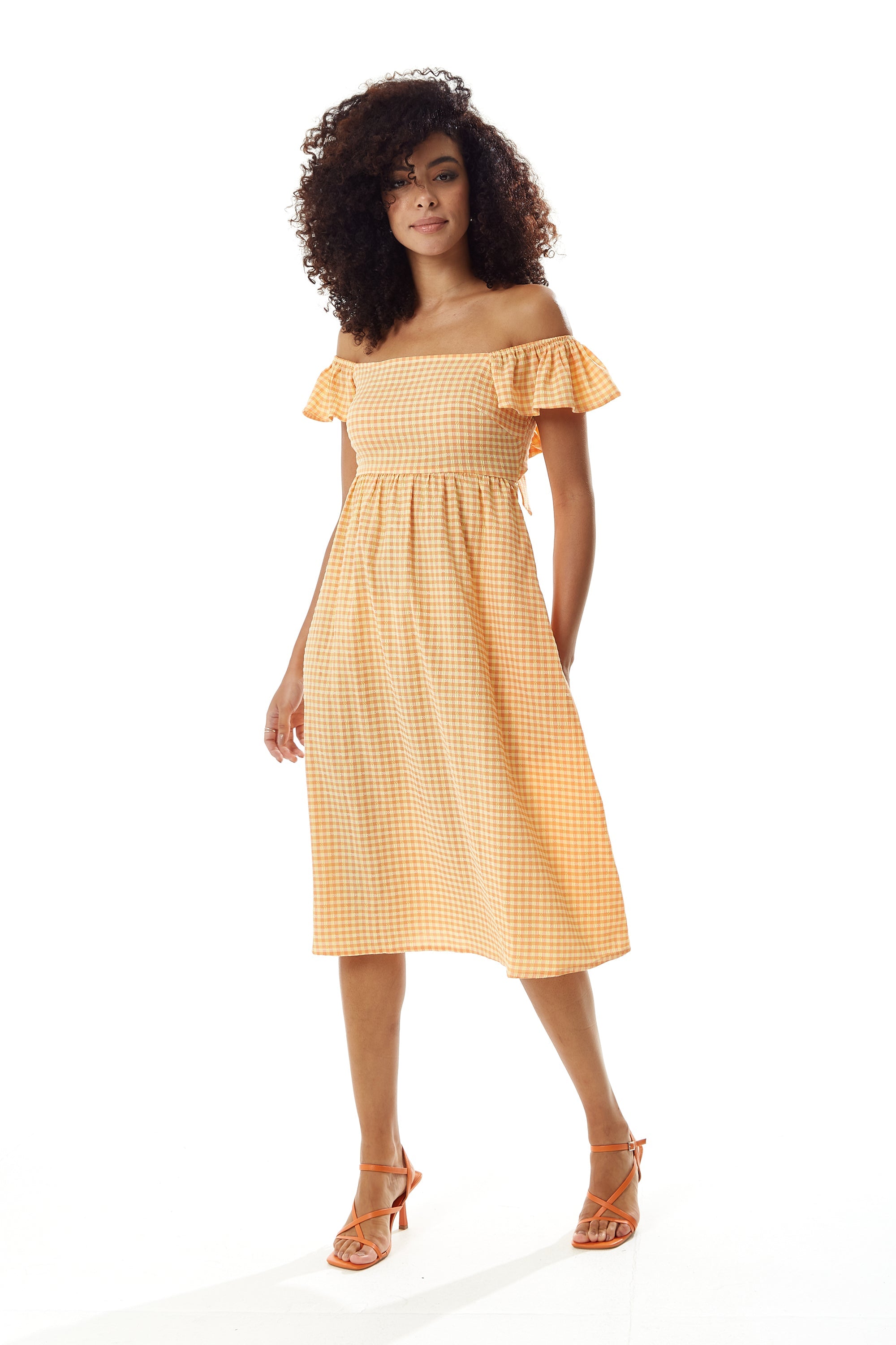 Women's Midi Dress with Frill Sleeves in Orange Gingham - Cut Out Back and Tie Detail by Liquorish