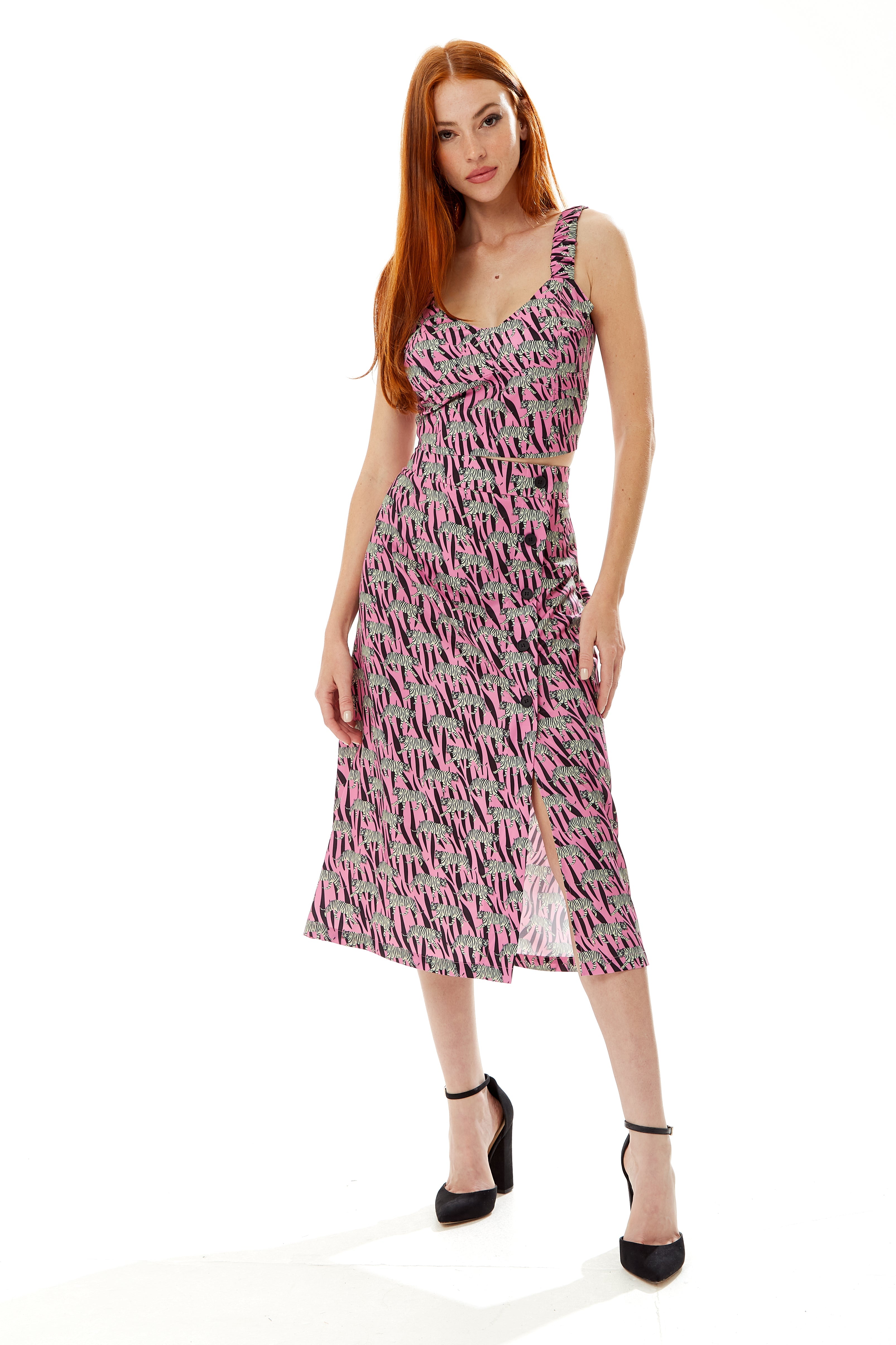 Women's Purple Midi Skirt with Mixed Animal Print, Front Buttons, Side Slit - Liquorish