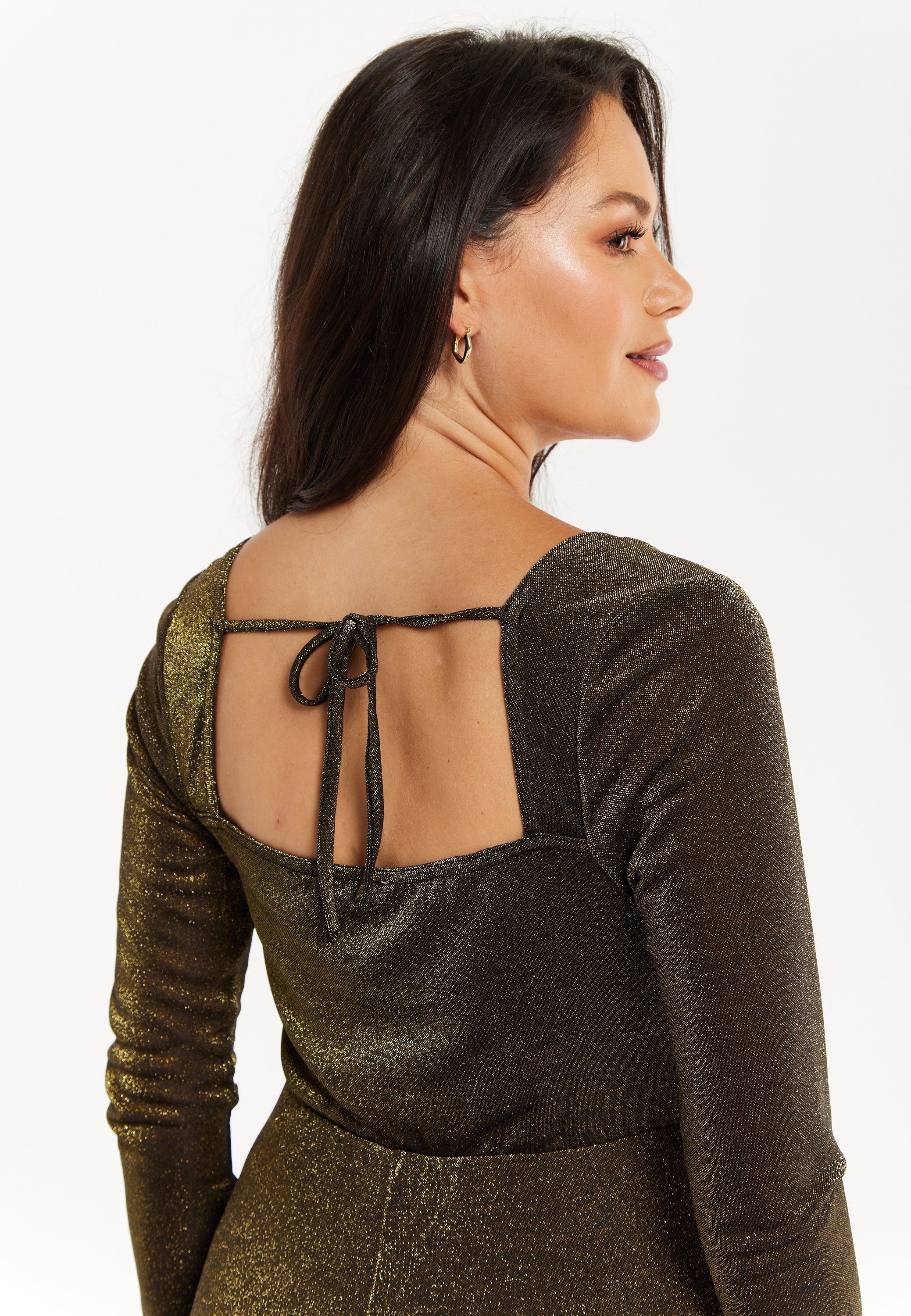 Women's Cowl Neck Full Length Lurex Jumpsuit with Wide Legs and Long Sleeves - Perfect for Parties, Liquorish