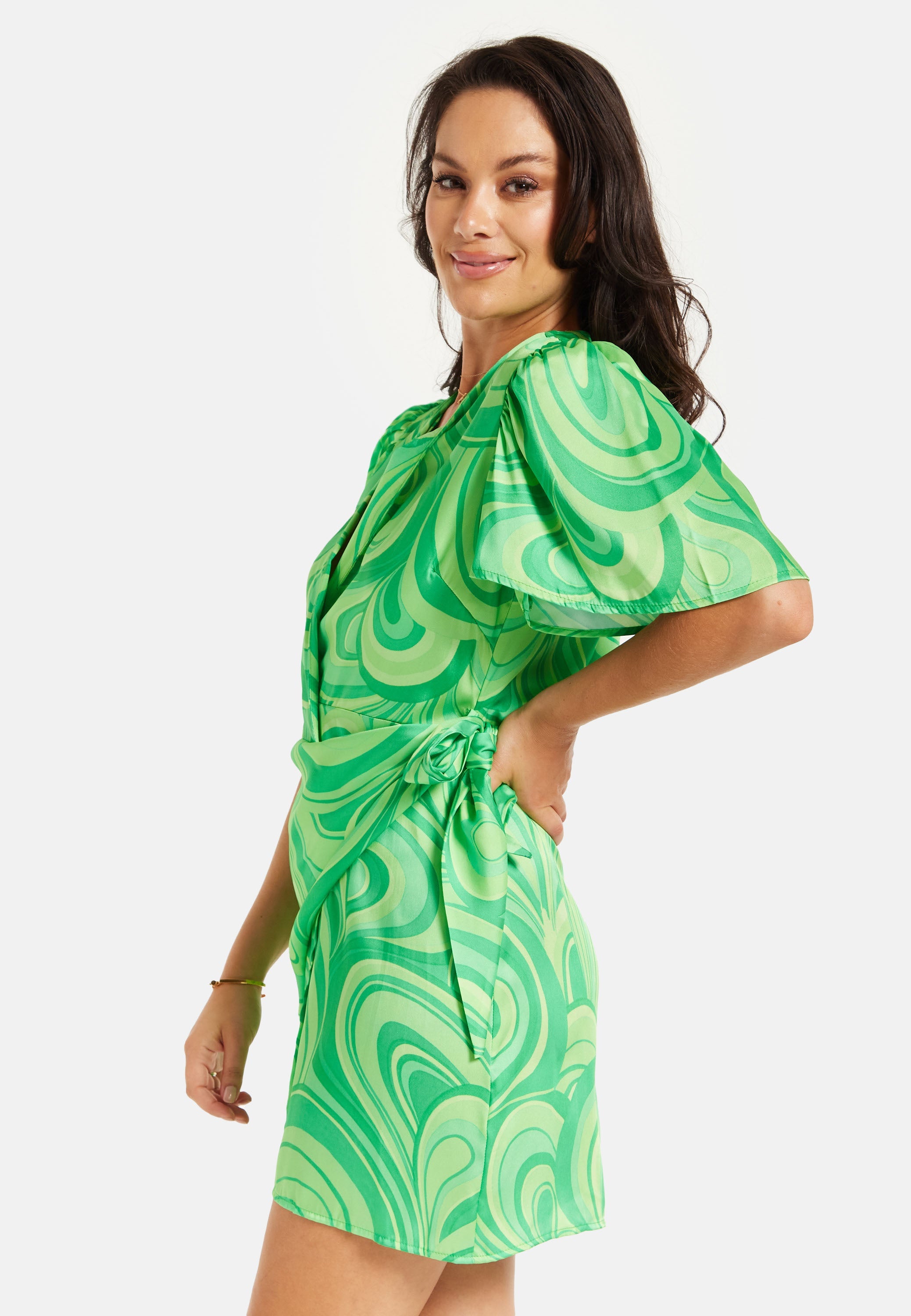 Women's Mini Dress in Green with Short Sleeves, V Neck, Tie Waist, and Wrap Style - Liquorish