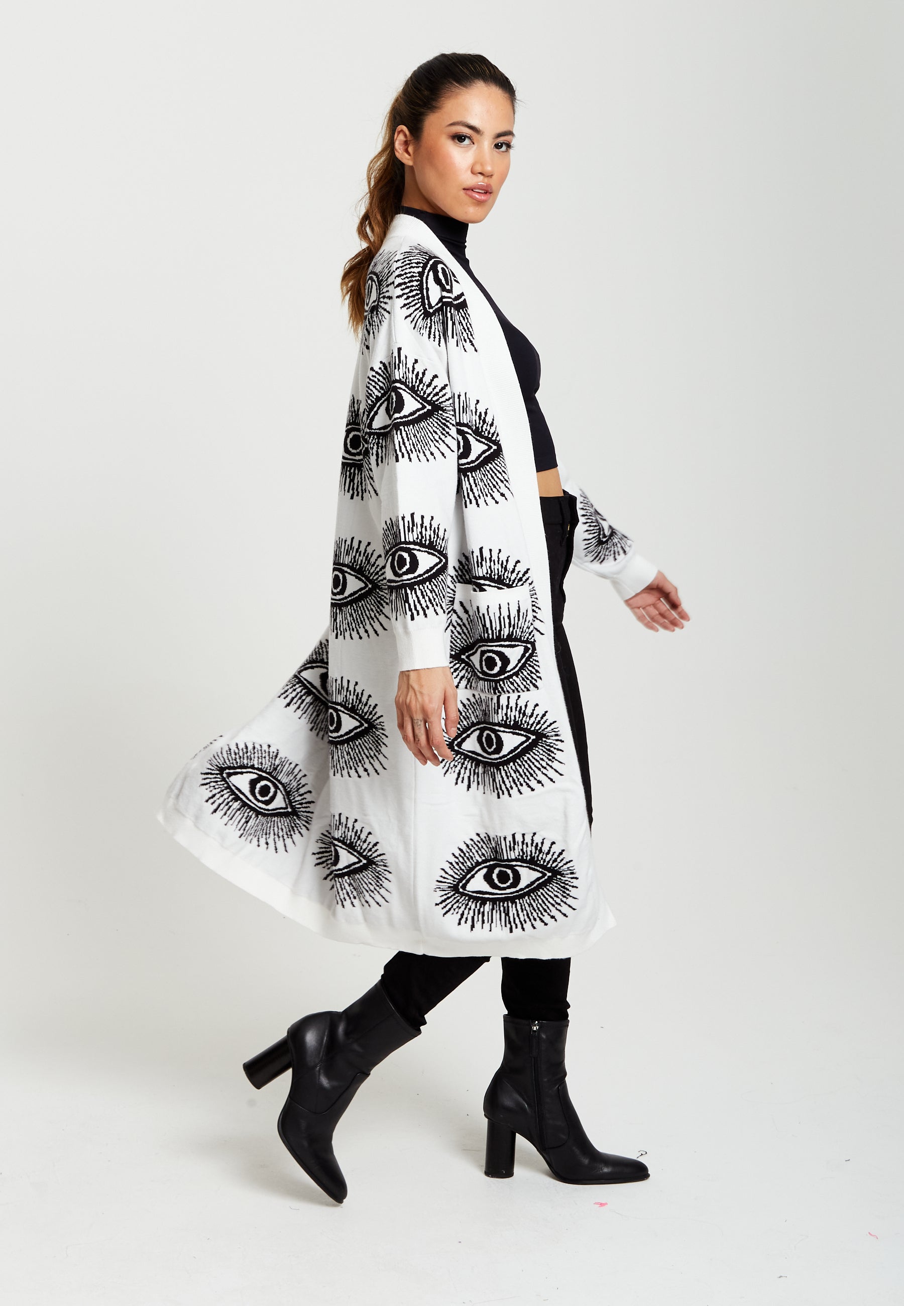 Women's Longline Cardigan with Eye Pattern, Open Front, White Color, Relaxed Fit - Liquorish