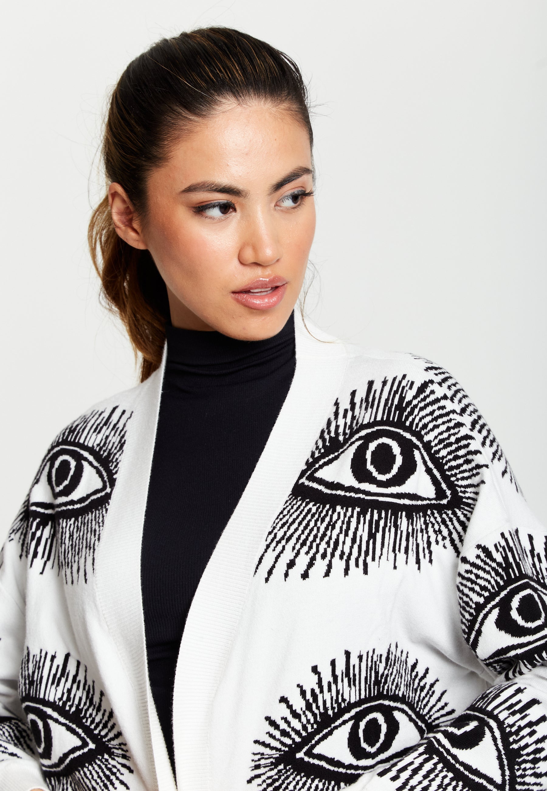 Women's Longline Cardigan with Eye Pattern, Open Front, White Color, Relaxed Fit - Liquorish