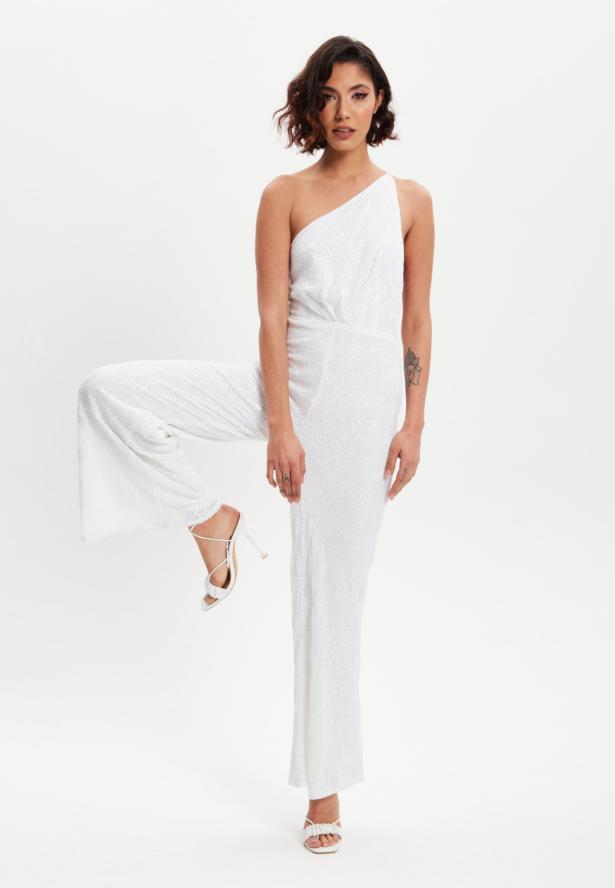 Women's One Shoulder Backless Sequin Jersey Jumpsuit with Straight Leg, Elasticated Waist - Liquorish