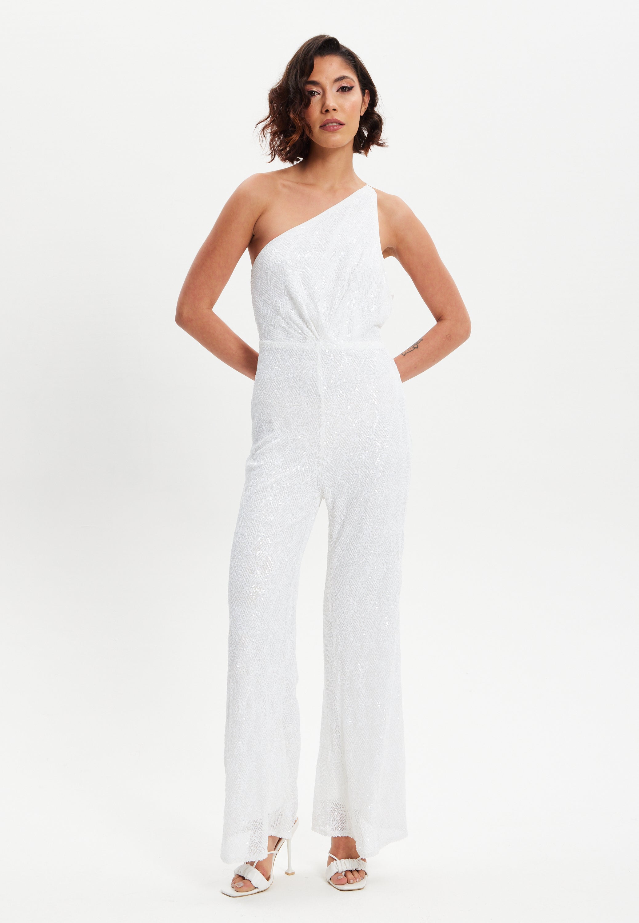 Women's One Shoulder Backless Sequin Jersey Jumpsuit with Straight Leg, Elasticated Waist - Liquorish