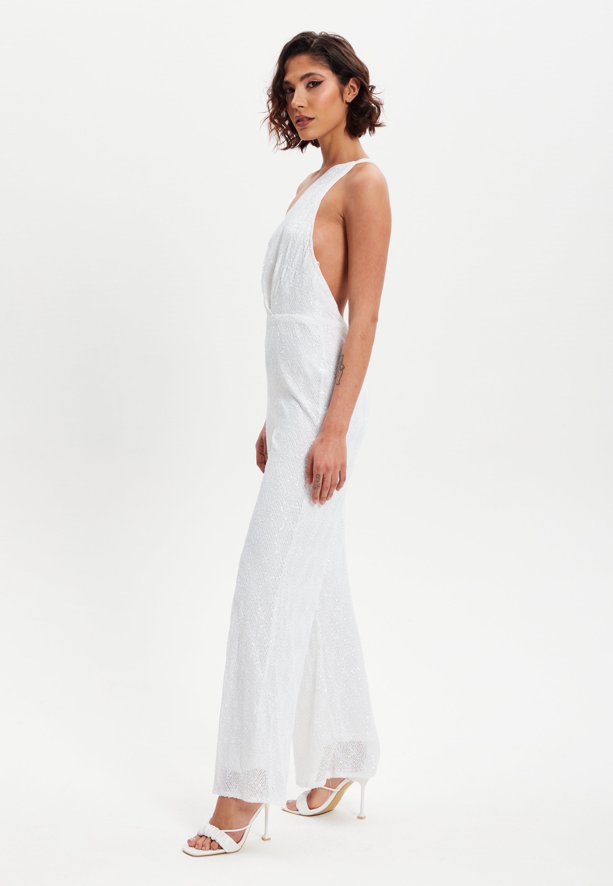 Women's One Shoulder Backless Sequin Jersey Jumpsuit with Straight Leg, Elasticated Waist - Liquorish