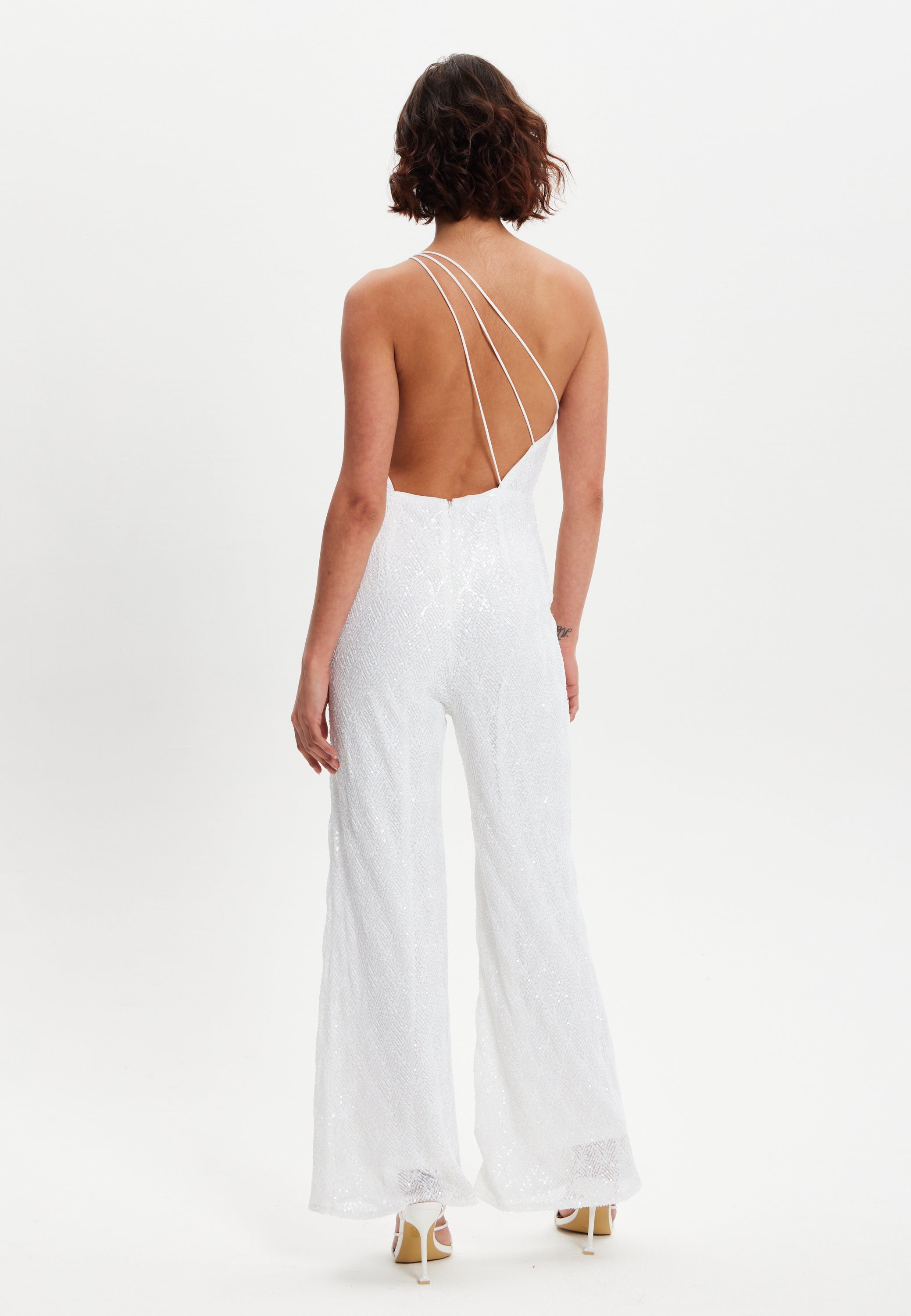 Women's One Shoulder Backless Sequin Jersey Jumpsuit with Straight Leg, Elasticated Waist - Liquorish