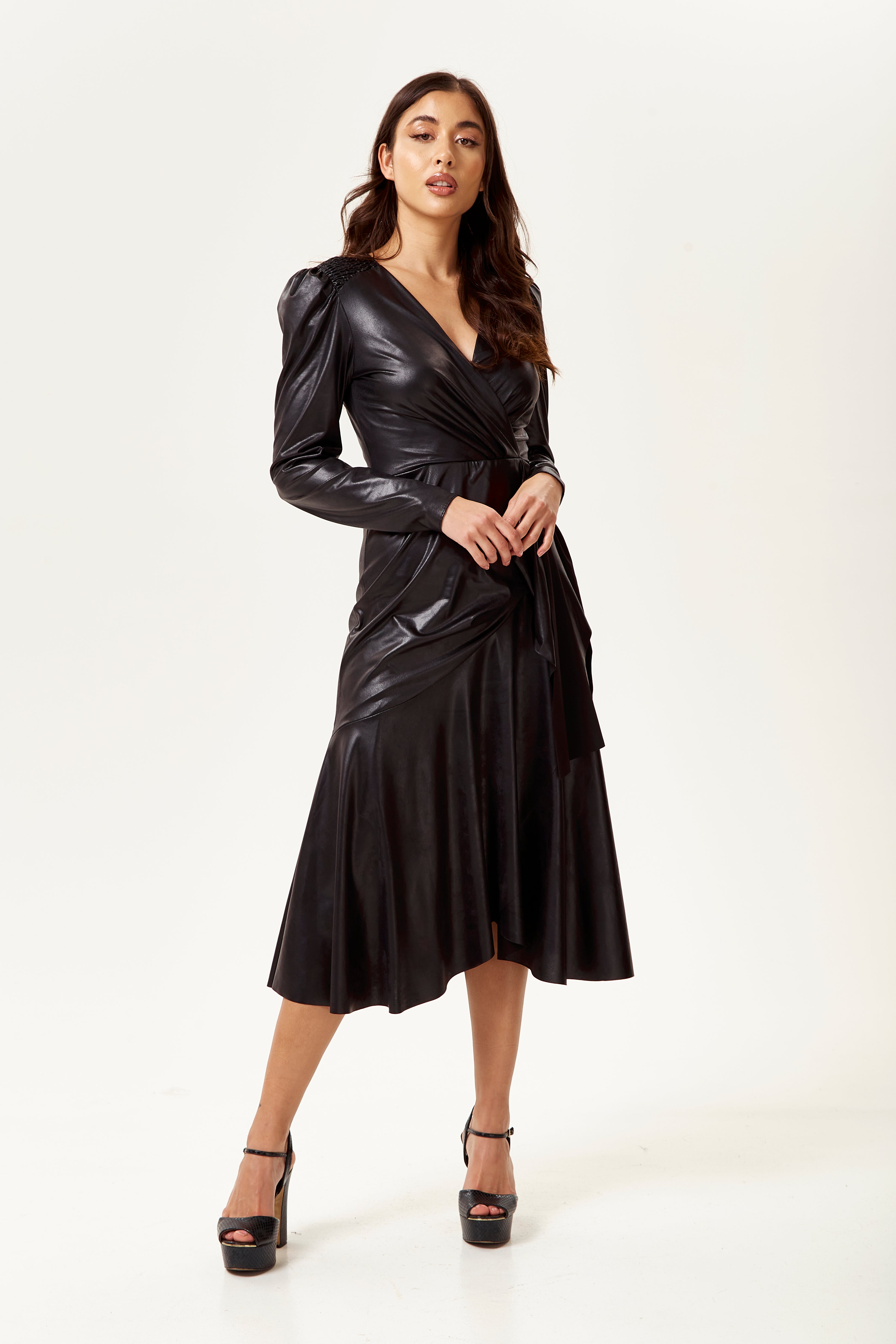 Women's Midi Dress in Black with Long Sleeves - PU Wrap with Tie Waist and Crossover Front by Liquorish
