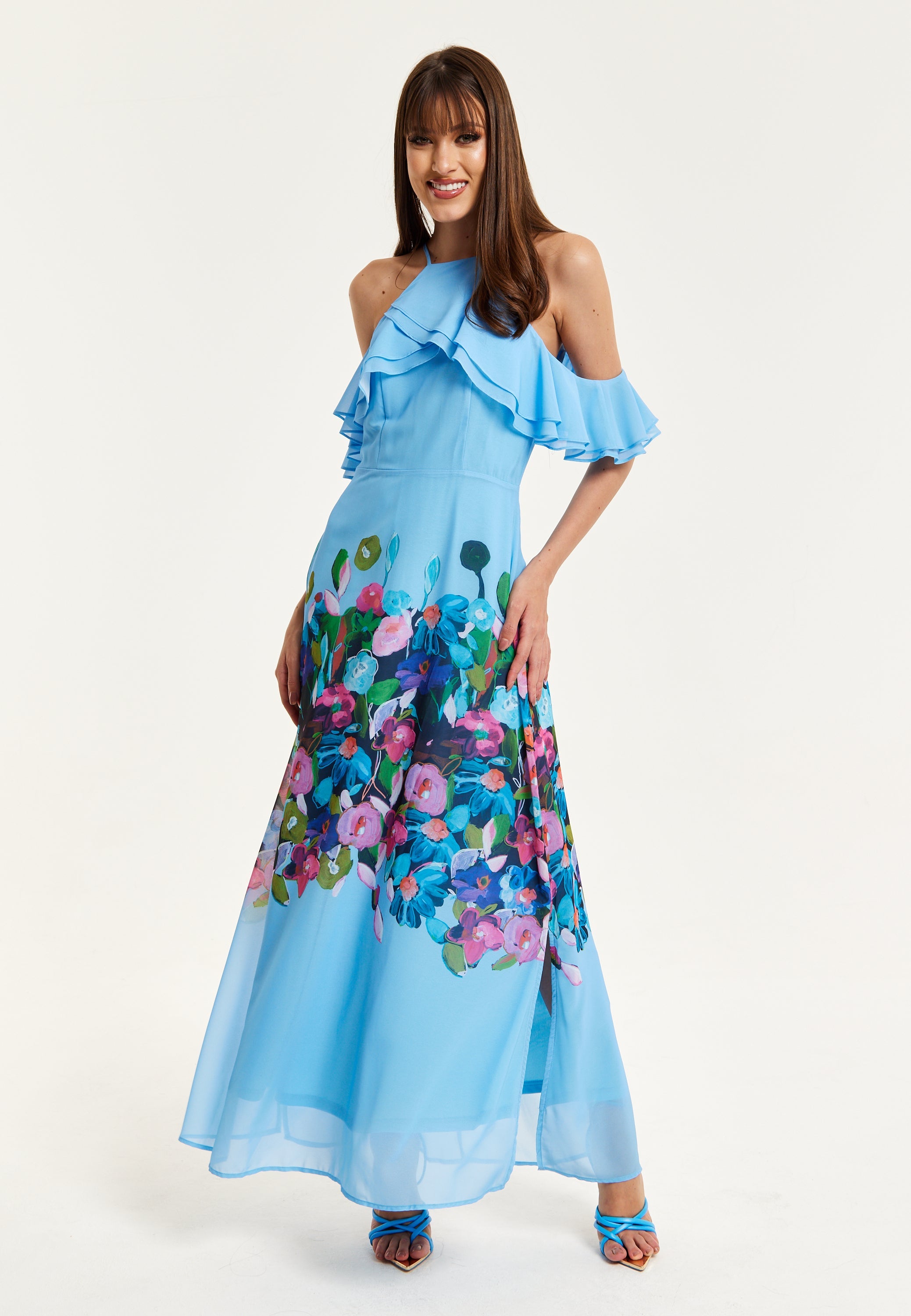 Women's Maxi Dress with Frill Details in Blue, Sleeveless Design, Floral Print, Perfect Fit - Liquorish