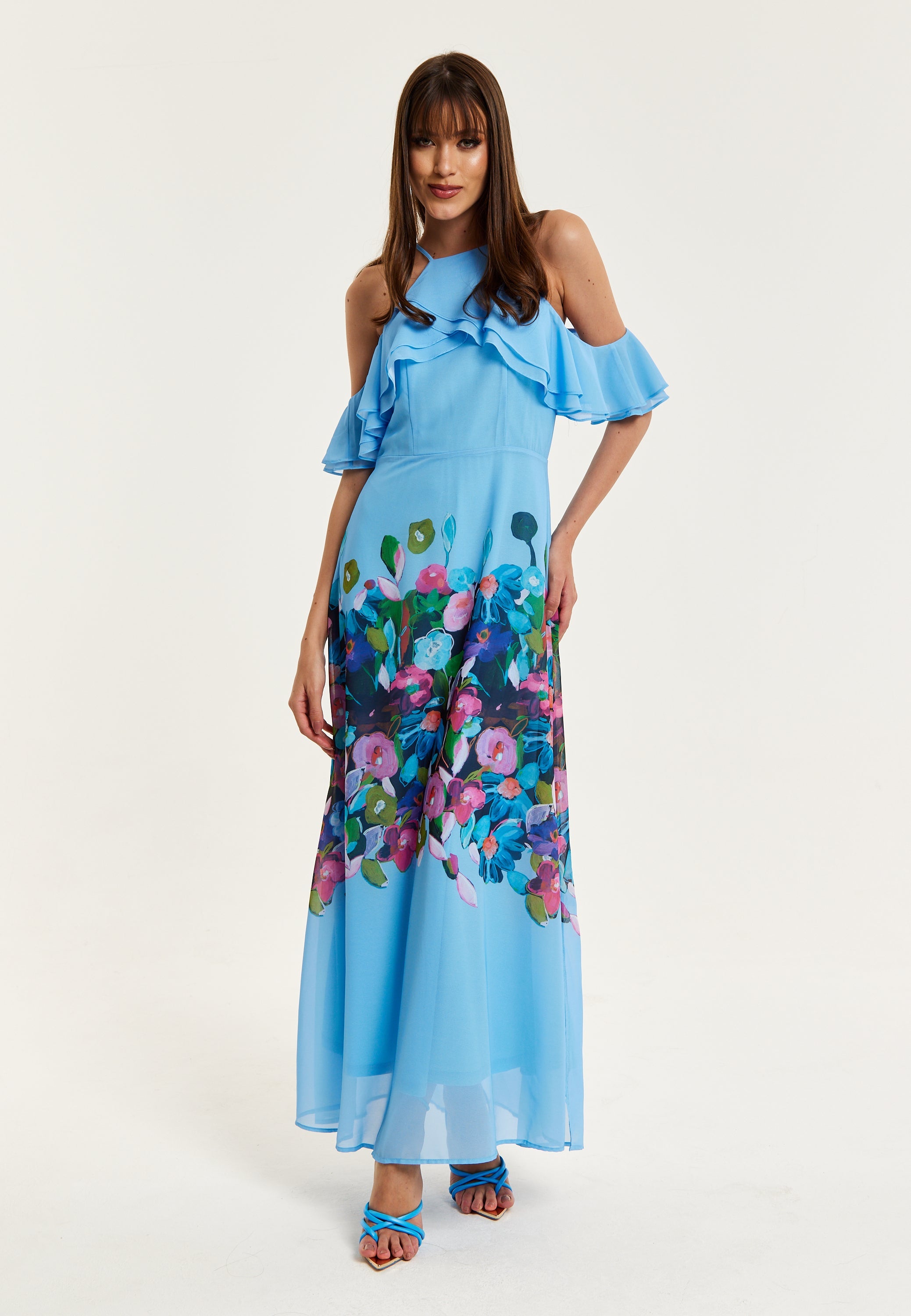 Women's Maxi Dress with Frill Details in Blue, Sleeveless Design, Floral Print, Perfect Fit - Liquorish