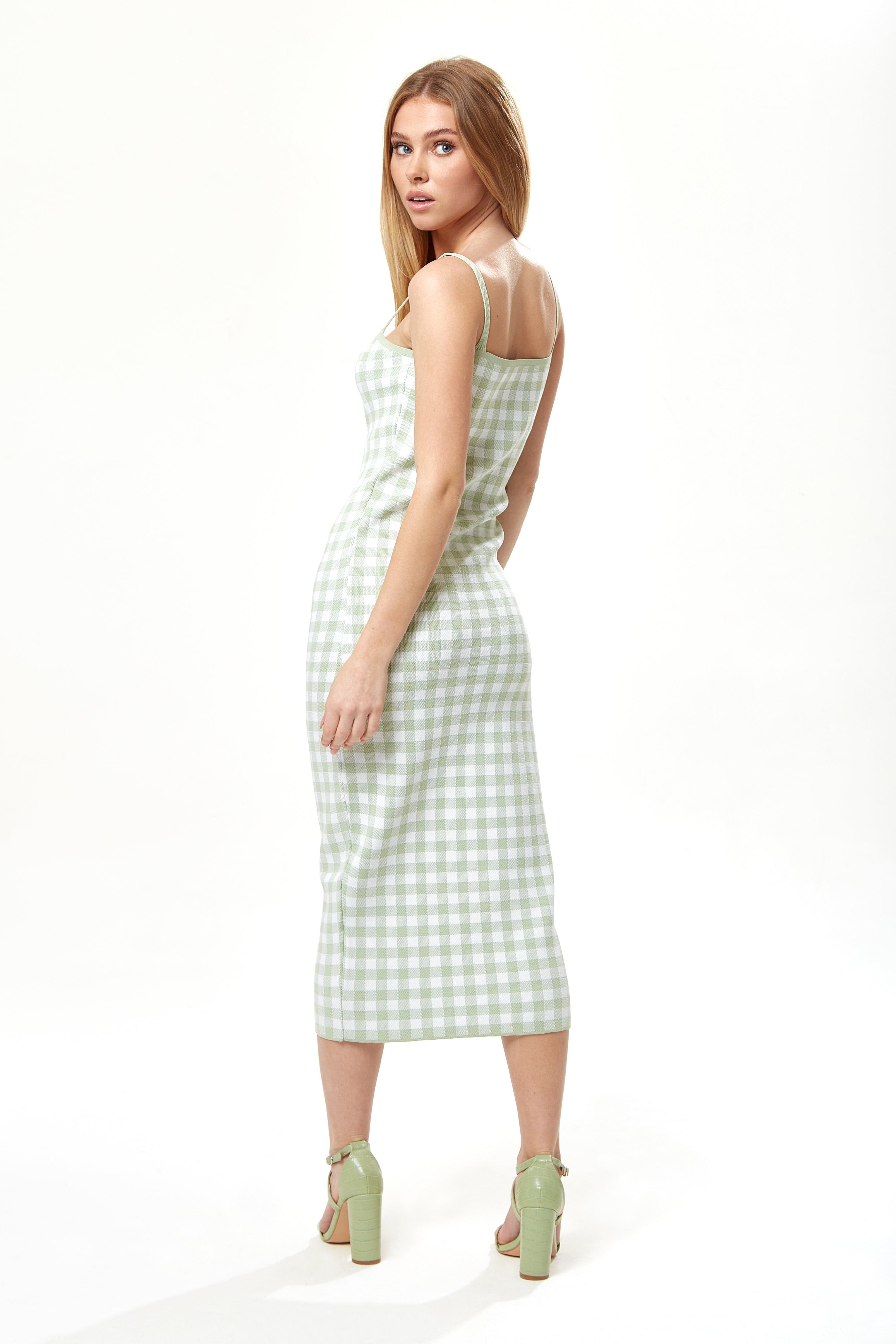 Women's Midi Dress in Green and White Check with Sleeveless Design and Fitted Style