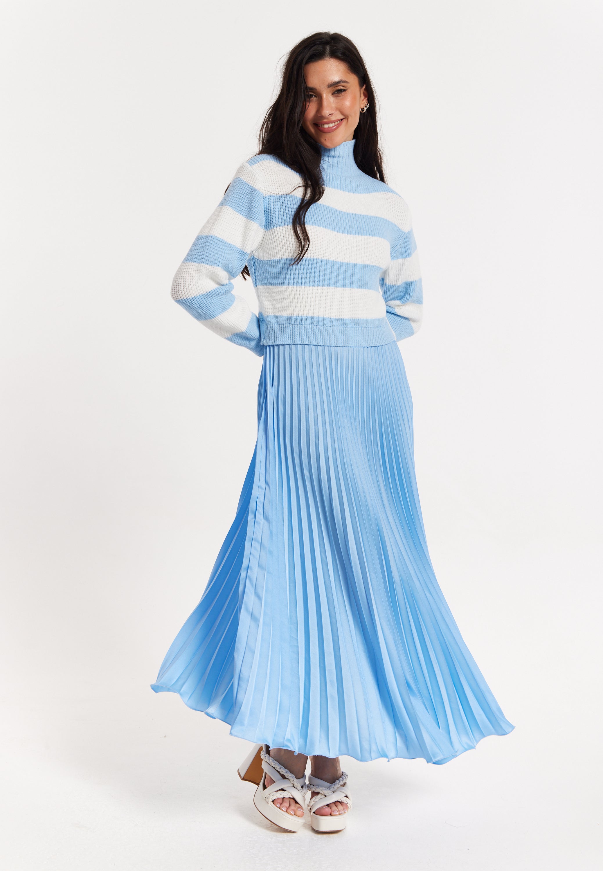 Blue Stripe Turtleneck Pleated Maxi Dress